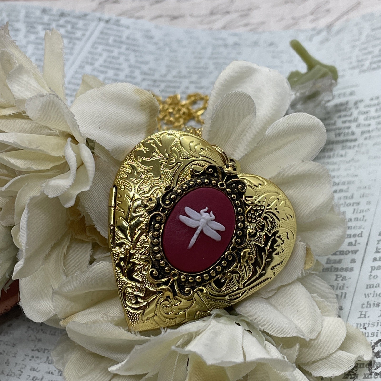 Gold Heart Locket Red Birthday Anniversary Wedding Dragonfly Cameo Necklace