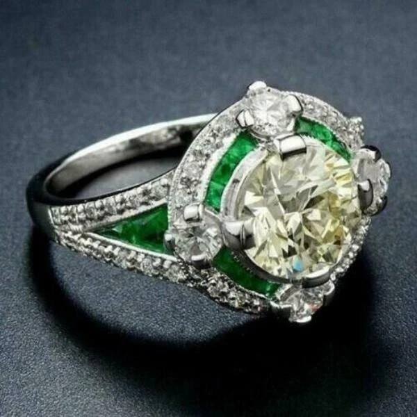 2Ct Art Deco Style Lab Created Diamond & Emerald Wedding 14K White Gold FN Ring