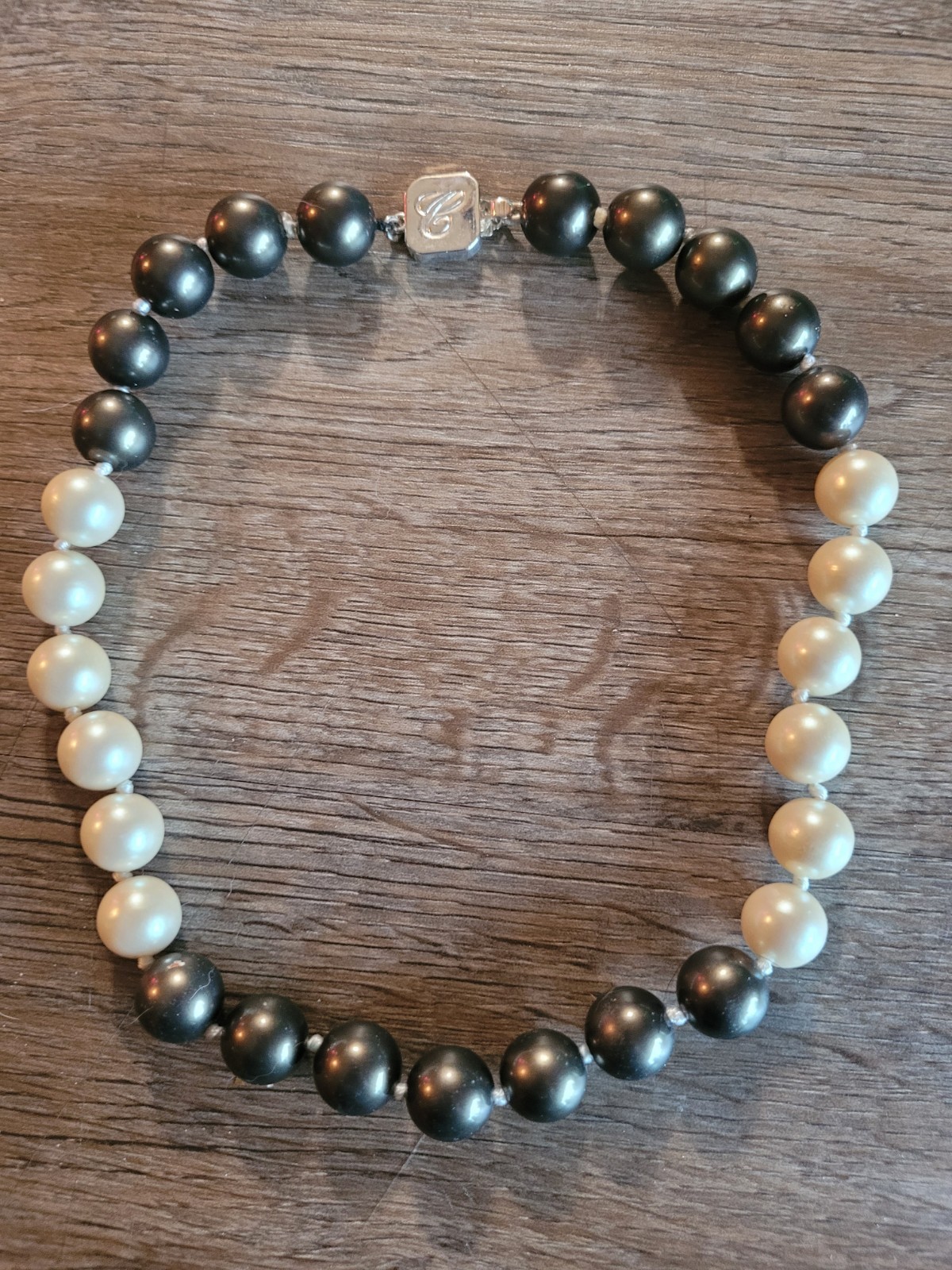 Signed C Faux Pearl Necklace Ivory And Black Hand Knotted Vintage Box Clasp