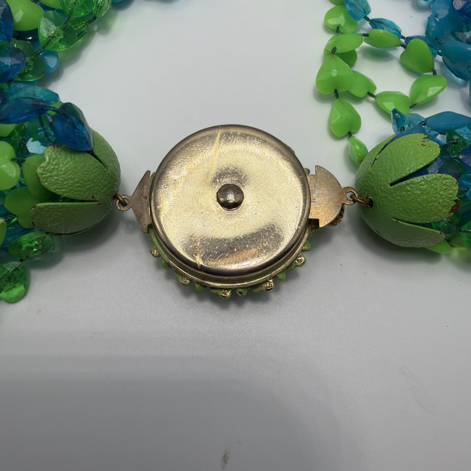 Vintage Multi Strand Hearts Necklace Acrylic Green & Blue Gold Toned Size 16”