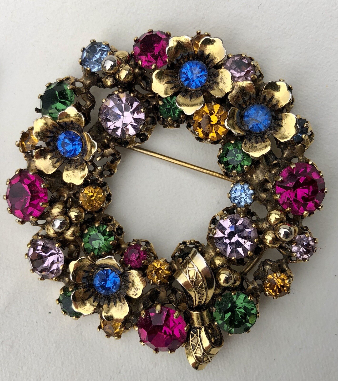 Vintage Austria Multi Color Rhinestones Flower Brooch & Clip Earrings Set