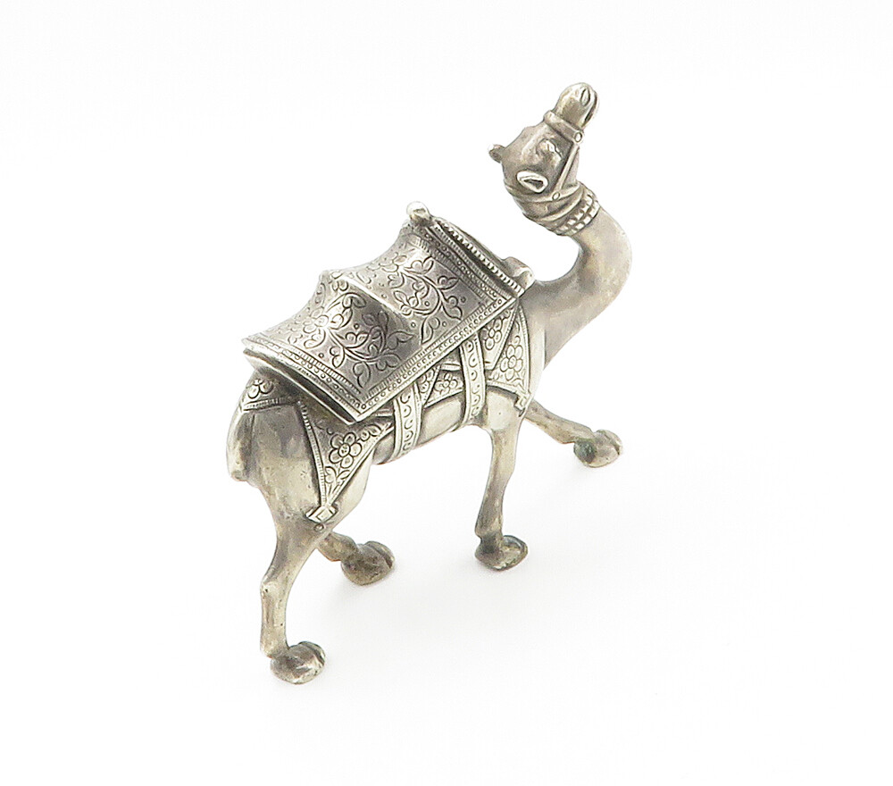 Solid Silver Vintage Floral Etched Large Camel Statue Figurine TR2117