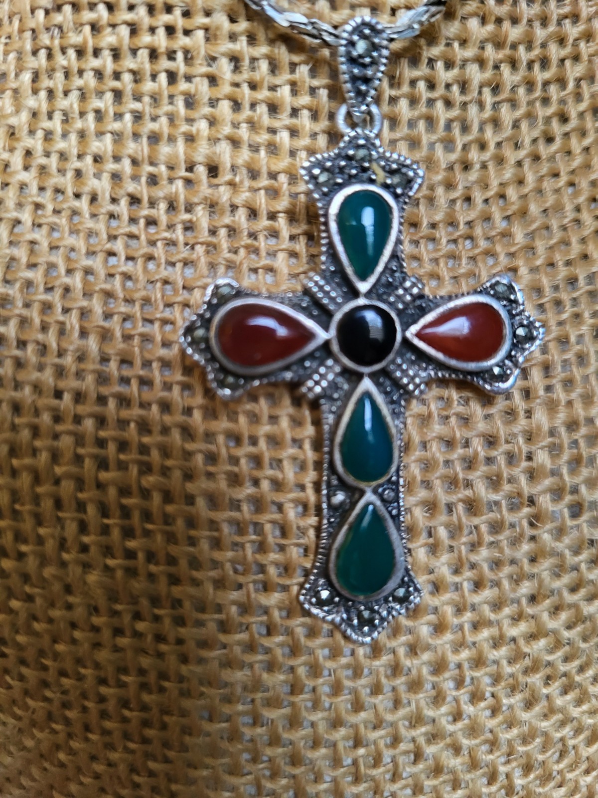 sterling silver gemstone large cross with very nice heavy sterling chain