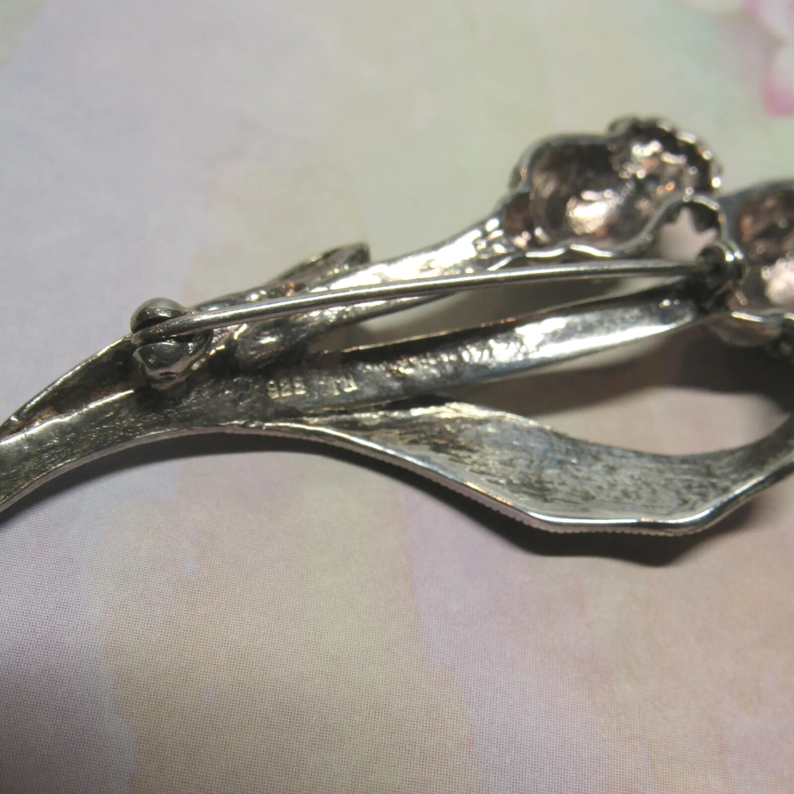 Sterling Silver Marcasite Tulip Leaf Flower Pin Hypoallergenic Nickel Free 14.5g