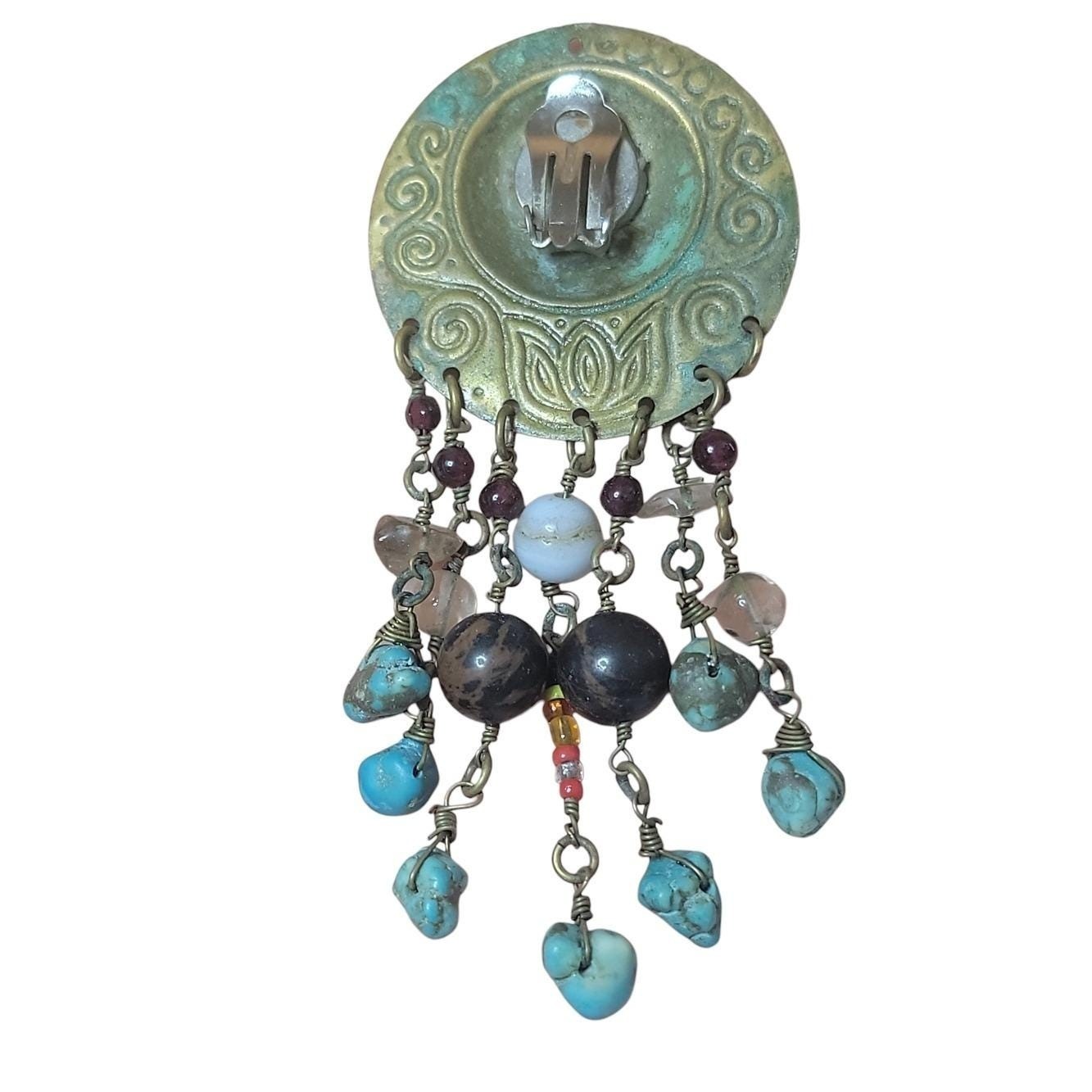Vintage Boho Clip On Earrings Verdigris Patina Beaded Fringe Faux Turquoise