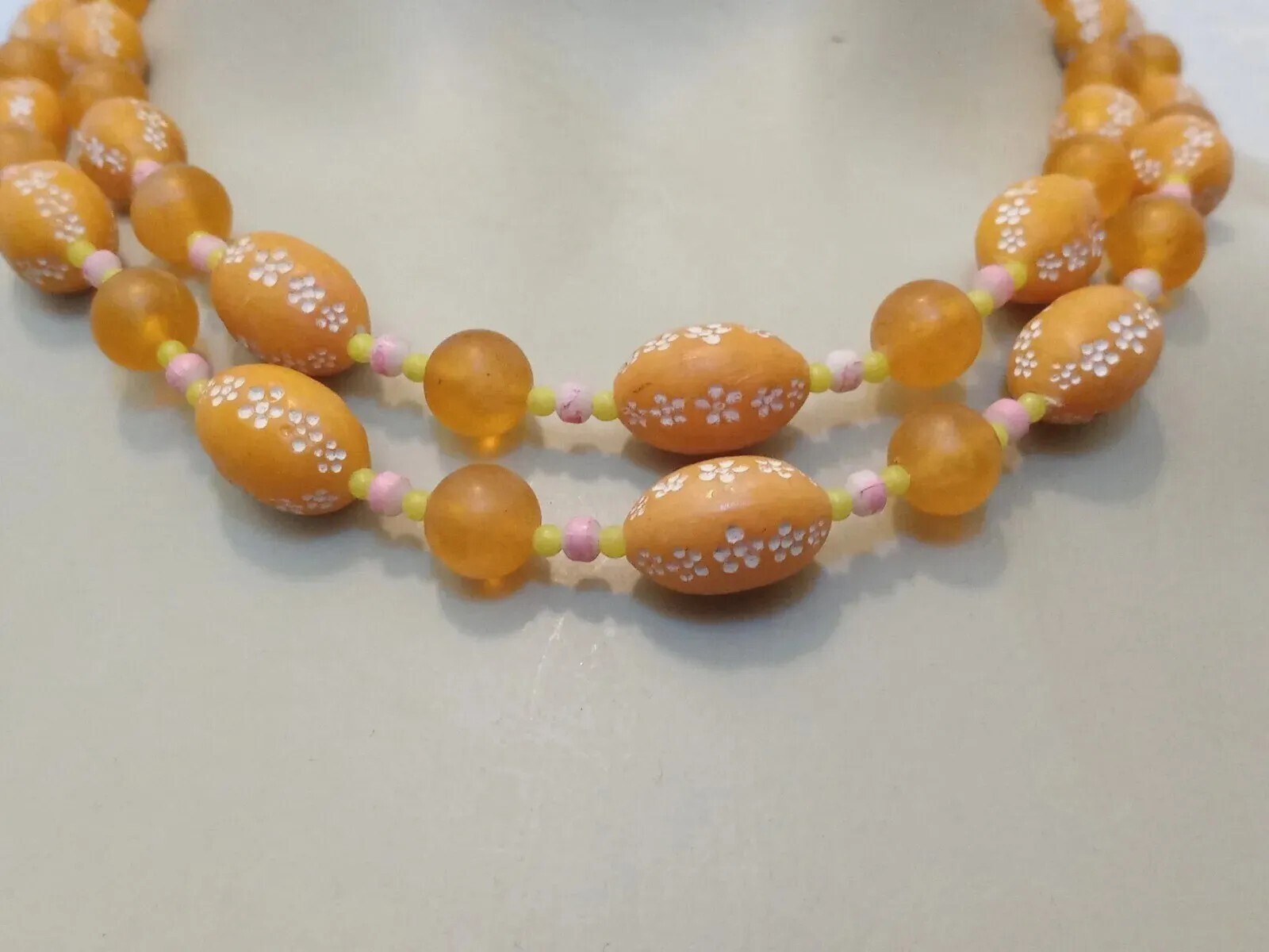 VTG 1960’s Costume Necklace 2 Strand Floral Beaded Metal Safety Latch Hong Kong