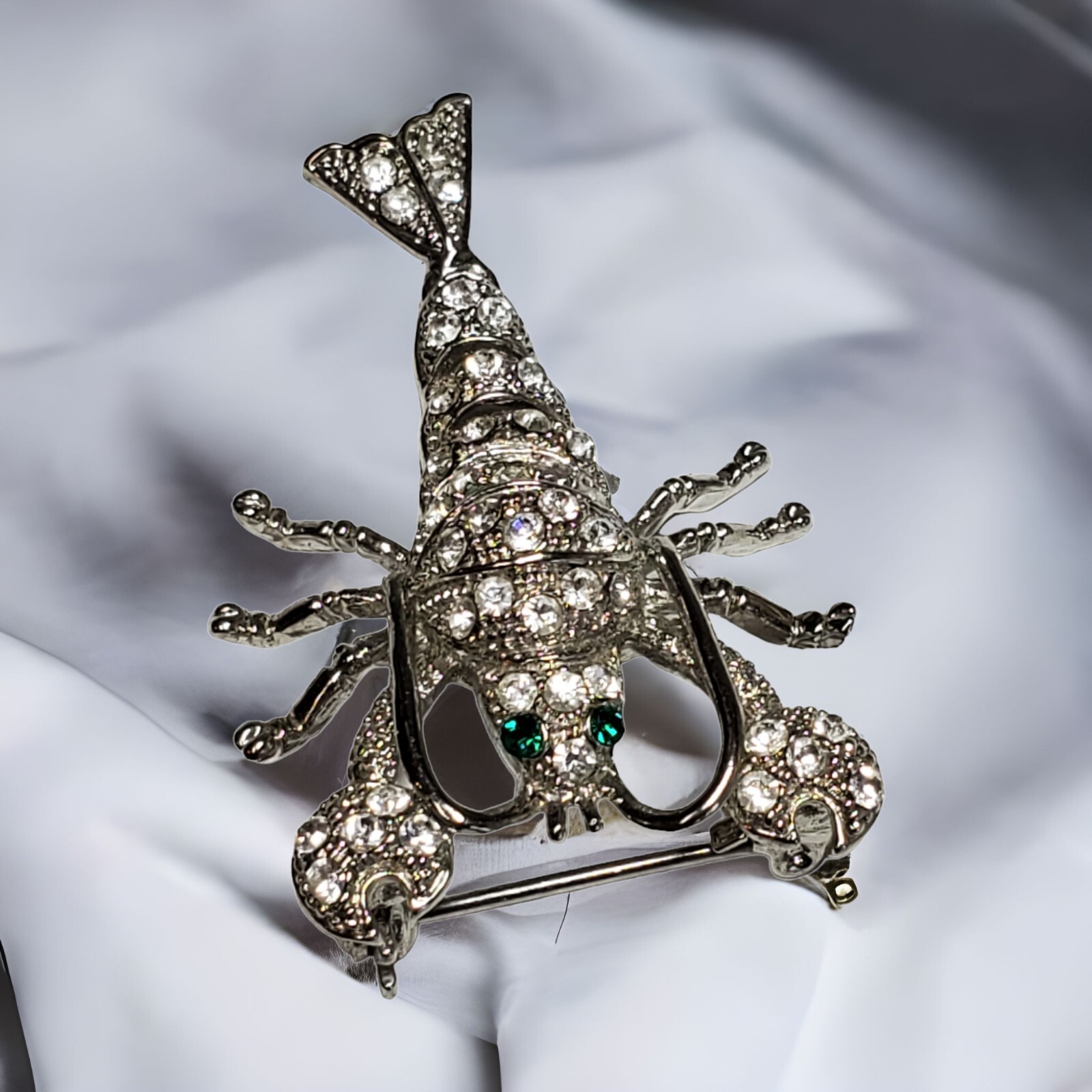 Vtg Mid Century Silver Tone Lobster Brooch Pave Crystals Rhinestones Articulated