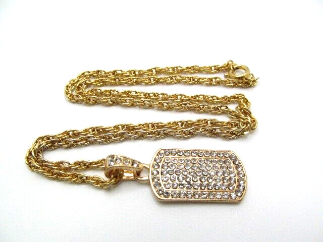 Gold Tone 3.25mm Twist Rope Chain Clear Rhinestone Dog Tag Pendant Necklace
