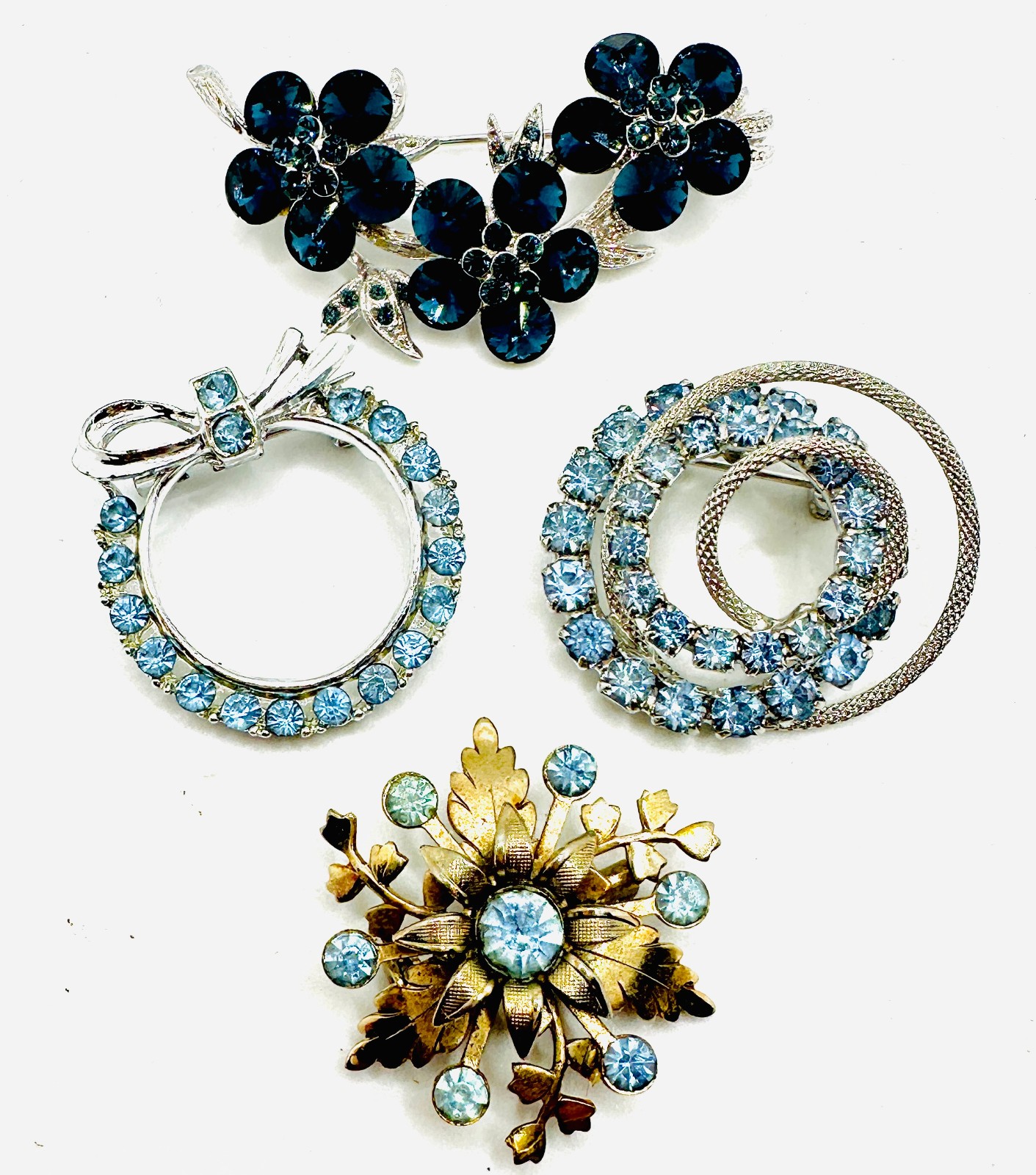 Lot 4 Sparkly Light Sapphire Blue Silver Gold Tone Flower Round Pins Brooches