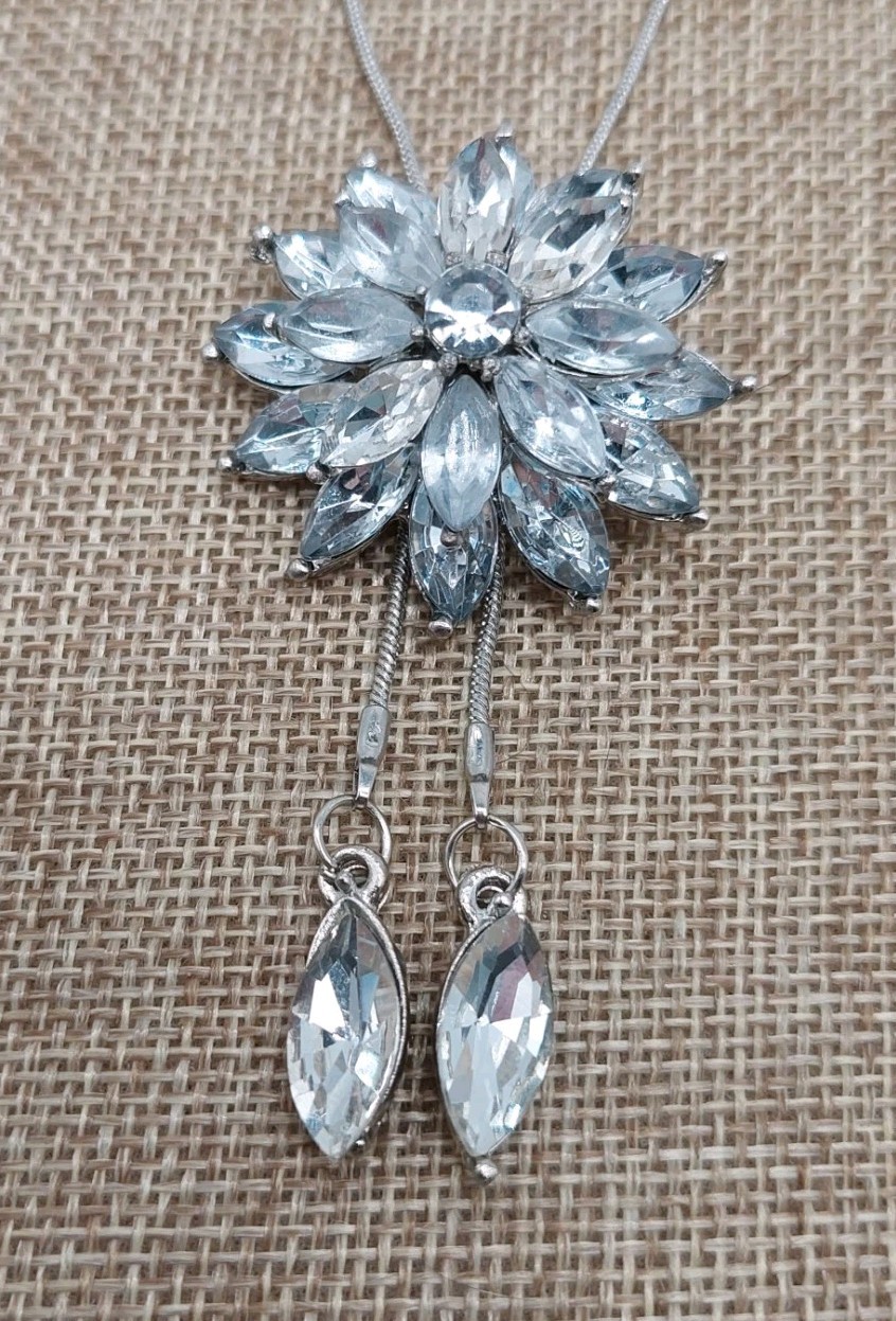 Clear Marquise Rhinestone Flower Silver Tone Lariat Slide Necklace Vintage