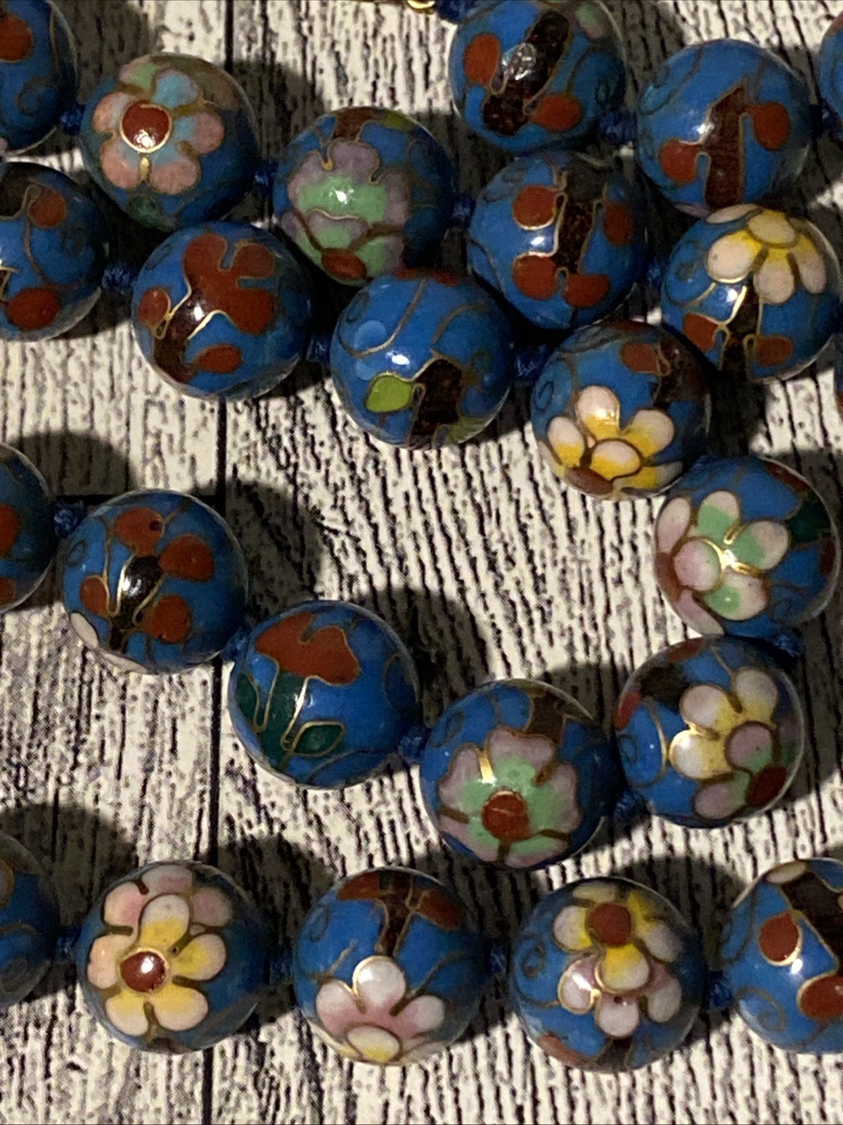 Vintage Cloisonne Bead Necklace Chinese Export Blue Pink Red Flower Beaded 25”