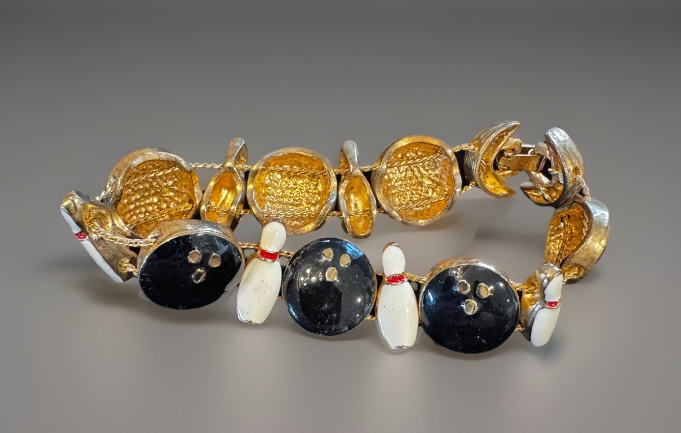 Gold Tone Bowling Ball Bowling Pins Vintage Slide Bracelet 6.5” League