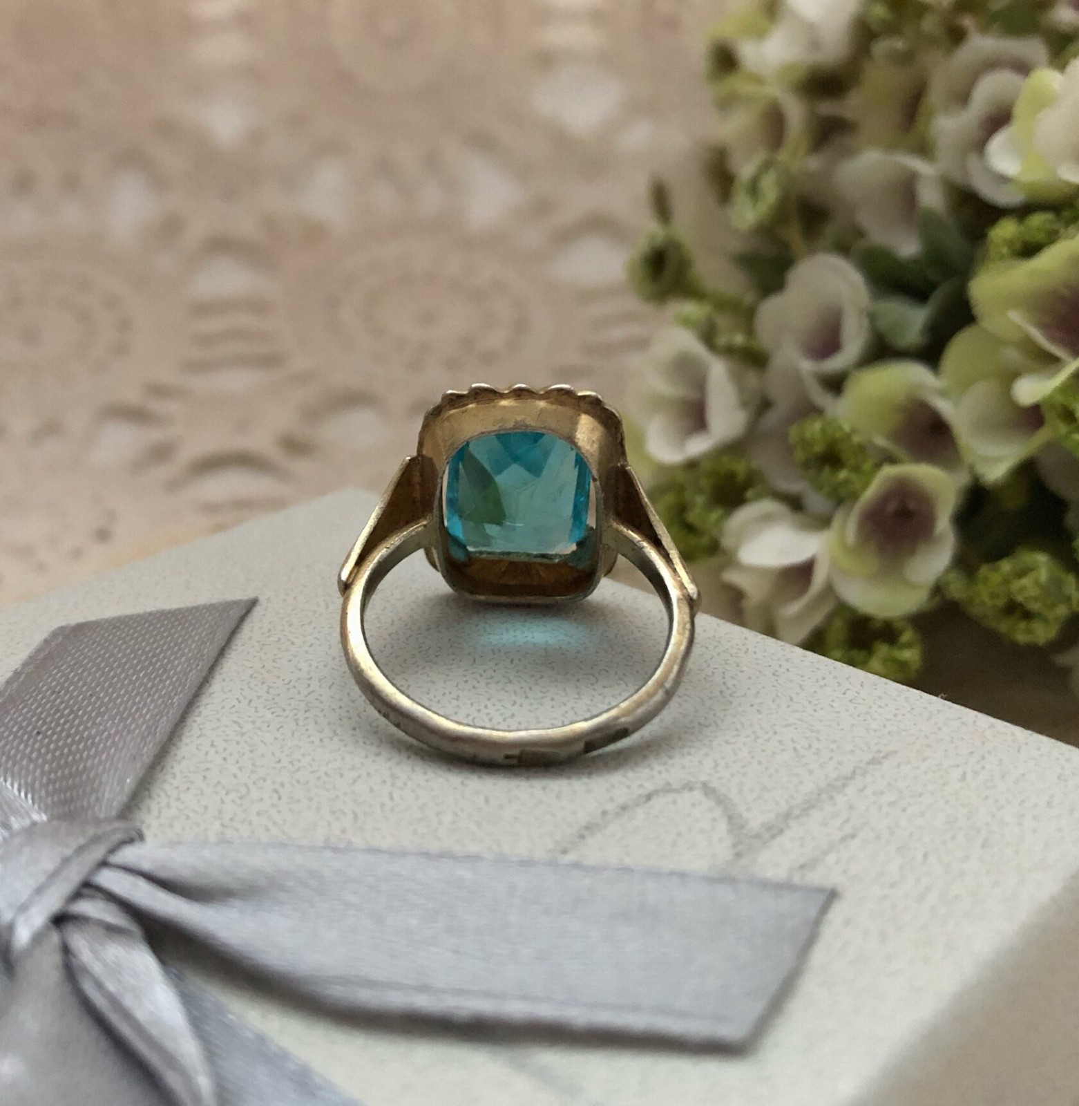 Original Vintage Estate Ring Soviet Sterling Silver 875 Aquamarine Size 8.5 USSR