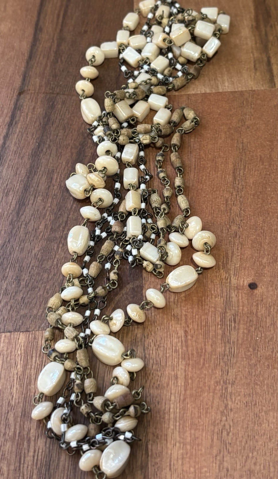 Vintage Boho Layered Multi Strand Cream Bone Bead Rosary Chain Necklace Western