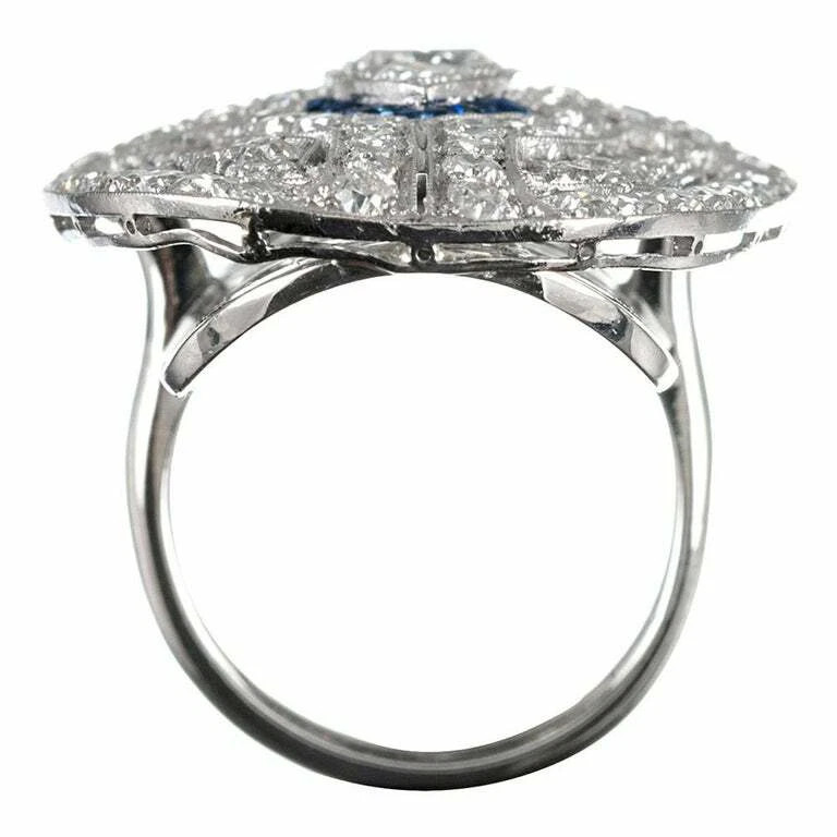 Sparkling Art Deco Round Cut Moissanite and Blue Sapphire Ring 925 Sliver Ring