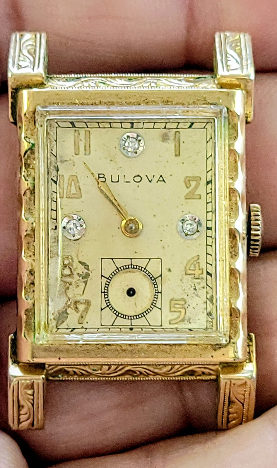 Vintage Bulova 10K Rolled Gold Plate Wristwatch With 3 Diamond Dial c1948