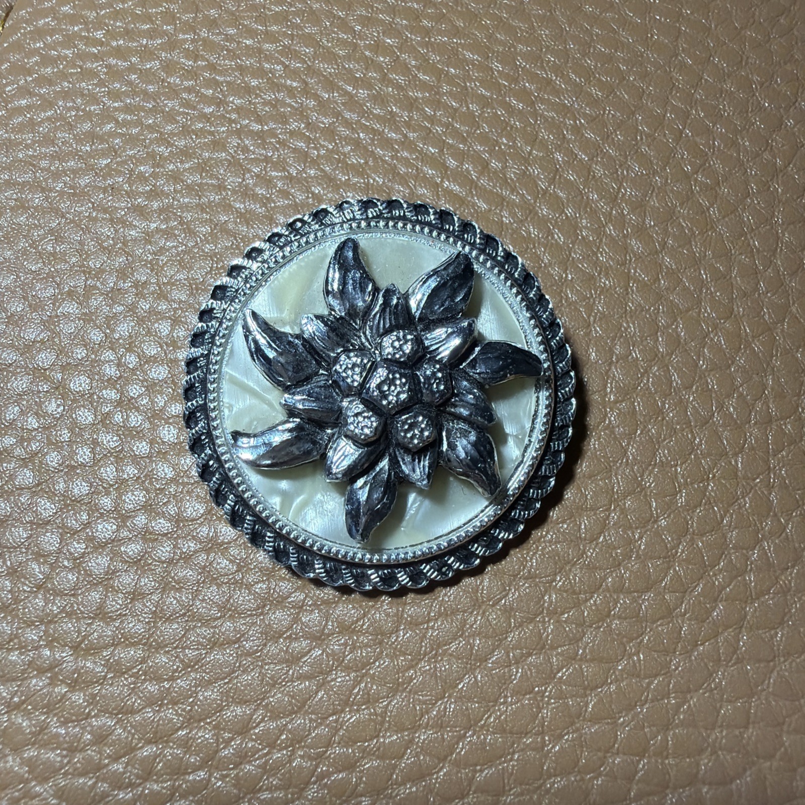 Vintage Scarf Clip Edelweiss Design Silvertone Faux Mother-of-Pearl W. Germany