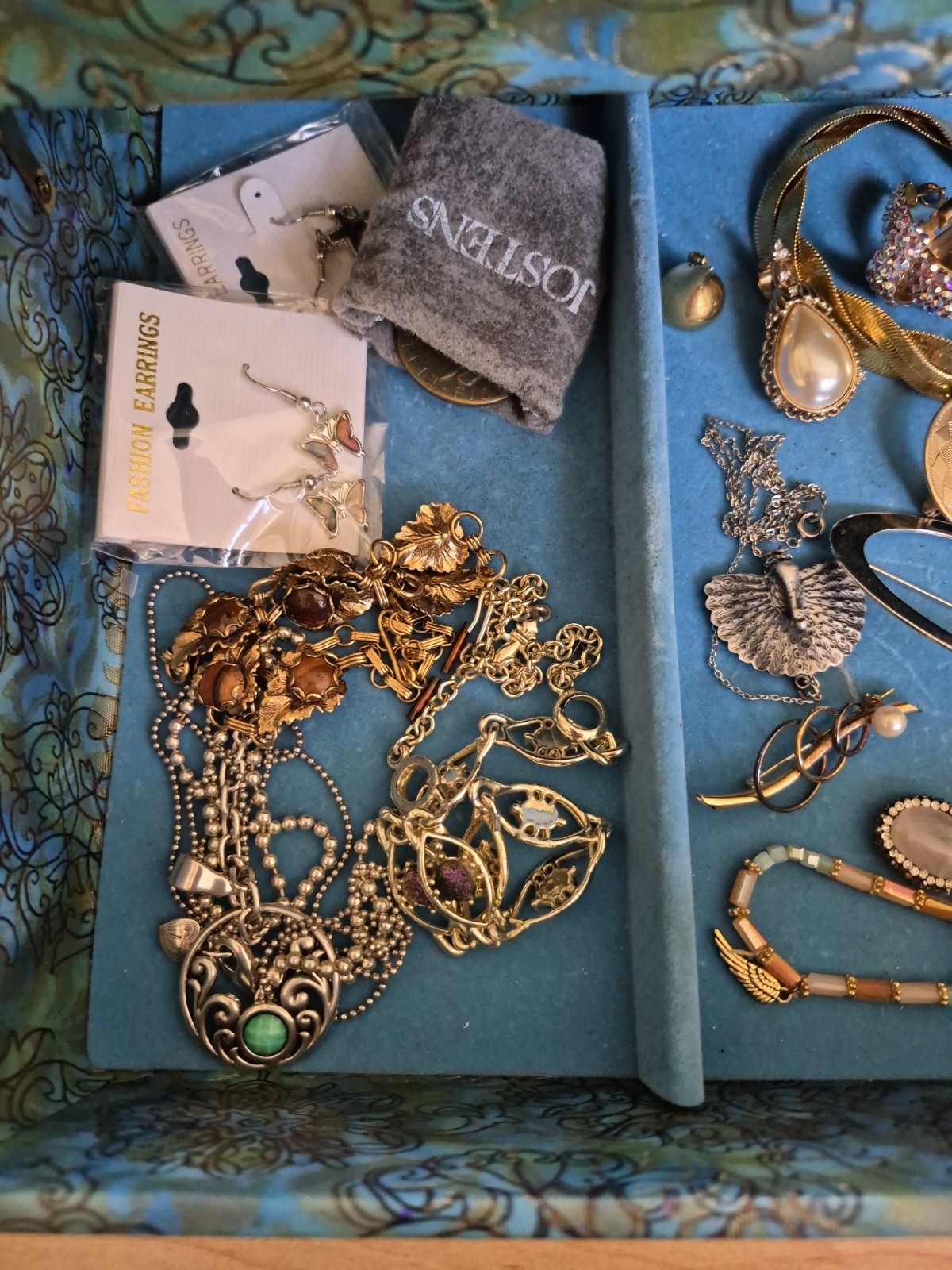 Vtg Jewelry Box With VTG- Now Costume Necklaces, Earings, Brooches, Pins, Etc.