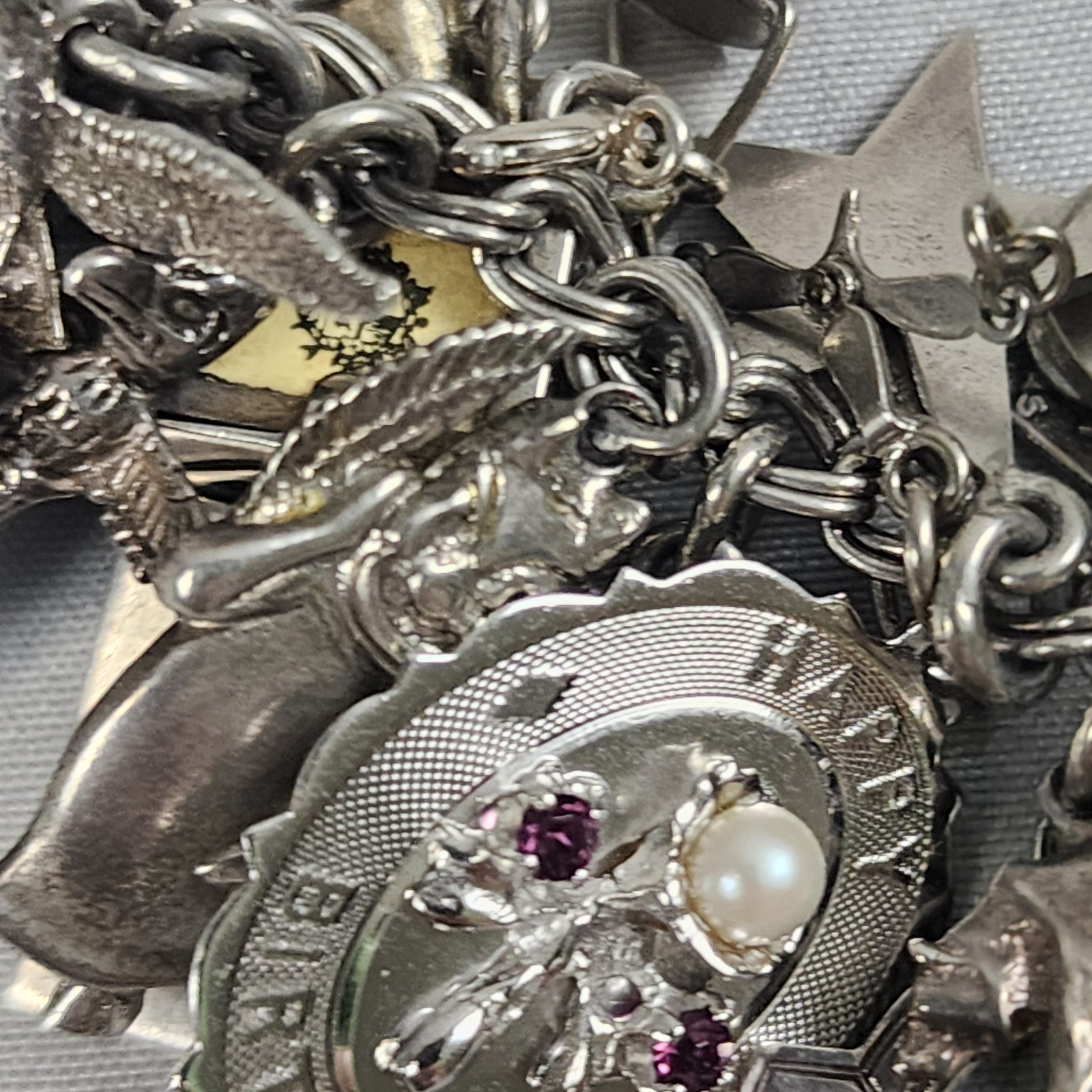 VTG Charm Bracelet 50+ Charms Sterling + Mixed Metals Movable Parts Estate Sale