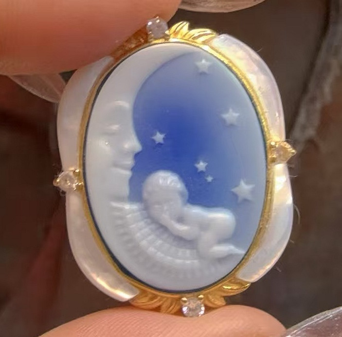 vintage Cameo Brooch pendant blue agate silver antique jewelry anniversary gift