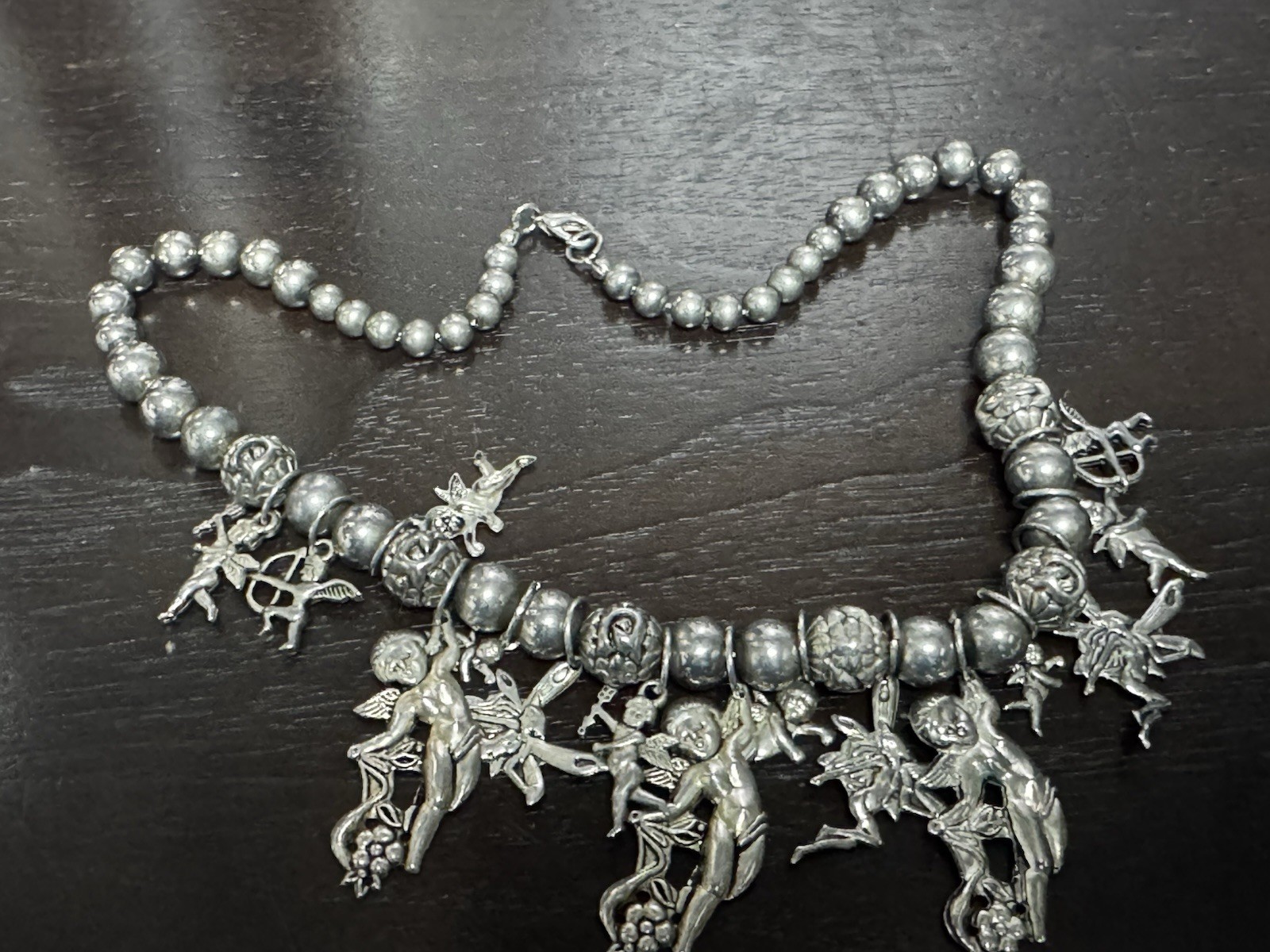 Vintage Silvertone Cherub Angel Charm Statement Necklace Pewter Style Boho