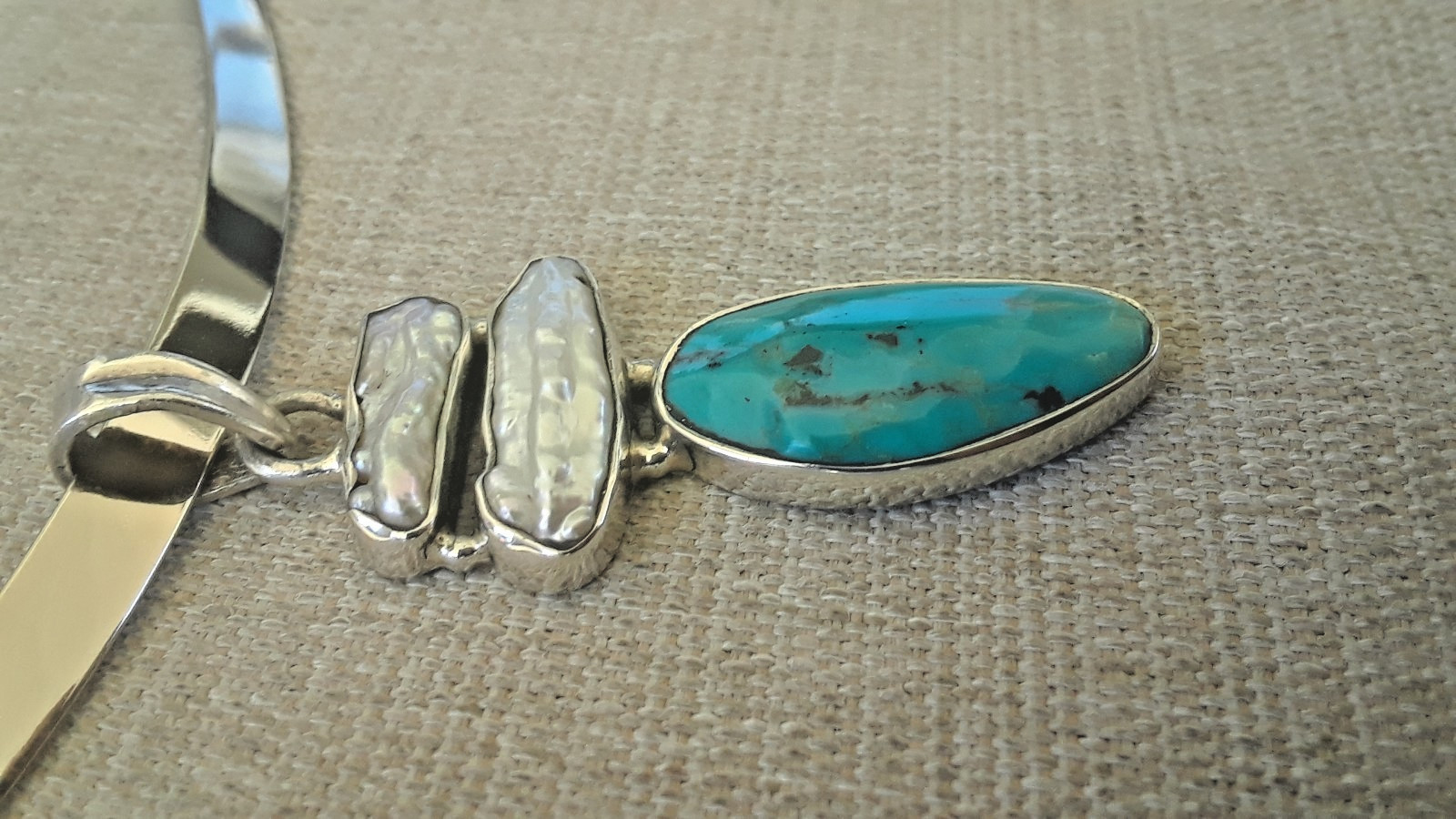 Vintage Mexico Sterling Solid Hook Open Collar Necklace MOP Turquoise Pendant