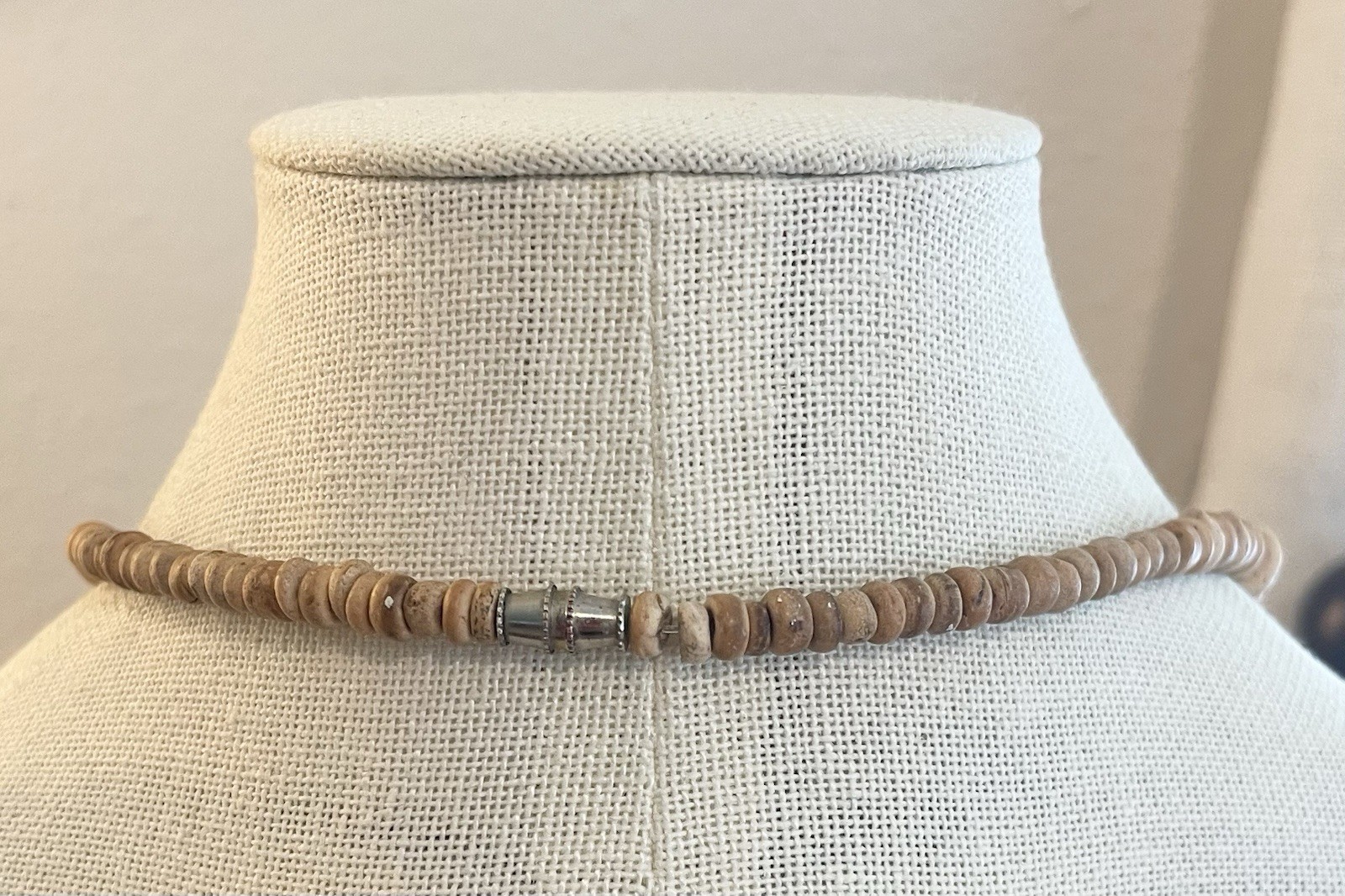 Vintage Wood Disc Brown Blue Statement Barrel Clasp Necklace