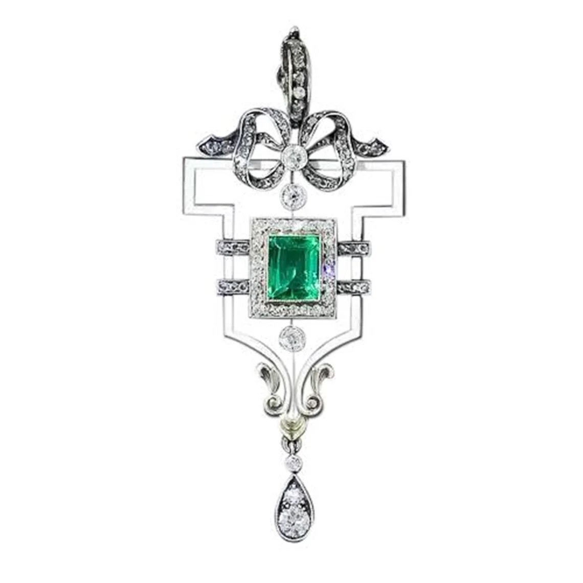 Green Emerald & White Lab Created Diamond Wedding 14K White Gold Finish Pendant