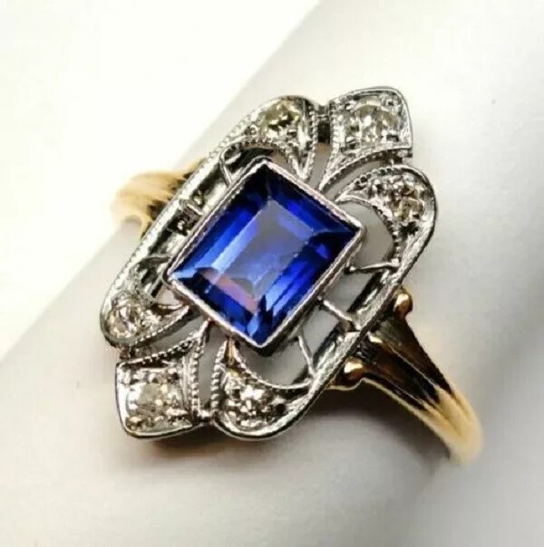Art Deco Style 2.1Ct Lab Created Blue Sapphire Anniversary Ring 14K Gold Finish