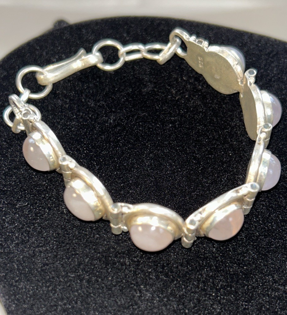 Vintage 925 Silver Rose Quartz Bracelet Cabochon Stone Hook Closure 7”