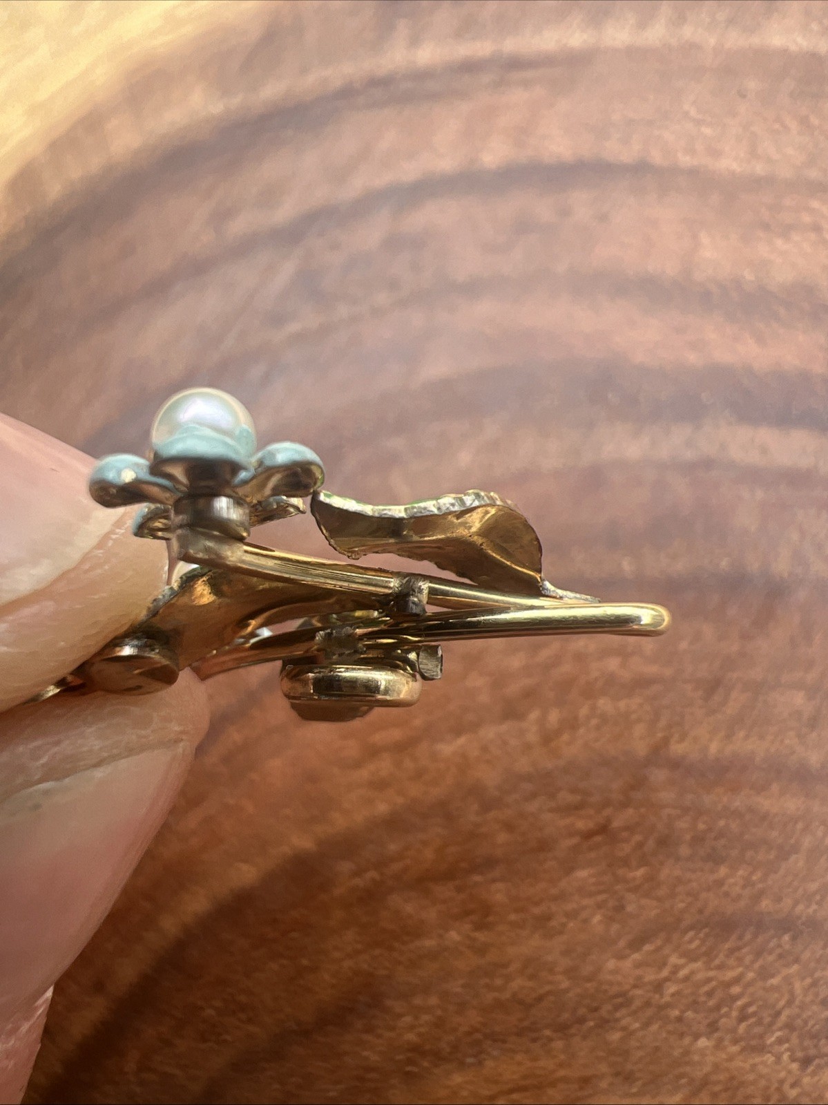 Vintage 14K Gold Overlay Enamel Pearl Blue Floral Leverback Dangle Earrings 1.5”