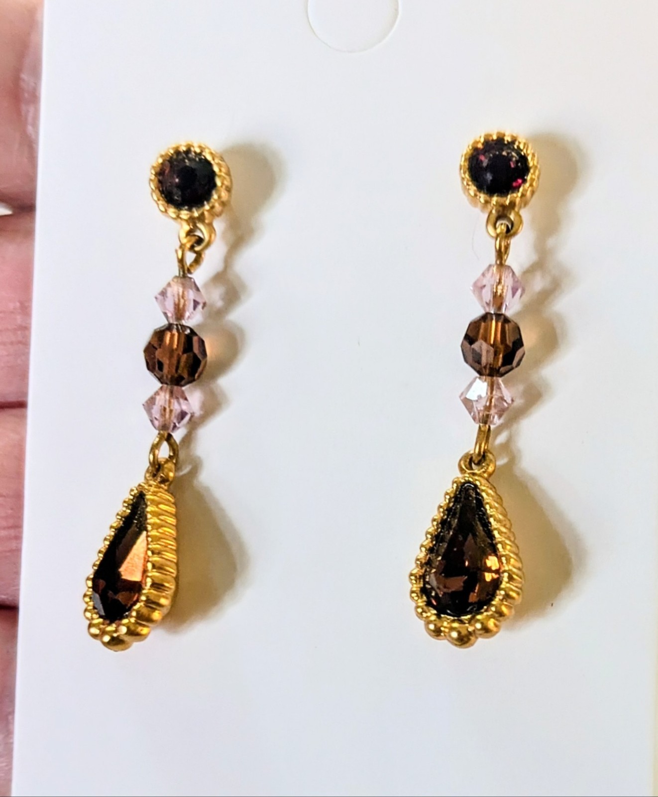 Vintage SWAROVSKI Swan Signed Brown Garnet Tone Crystal Dangle Drop Earrings 1.5
