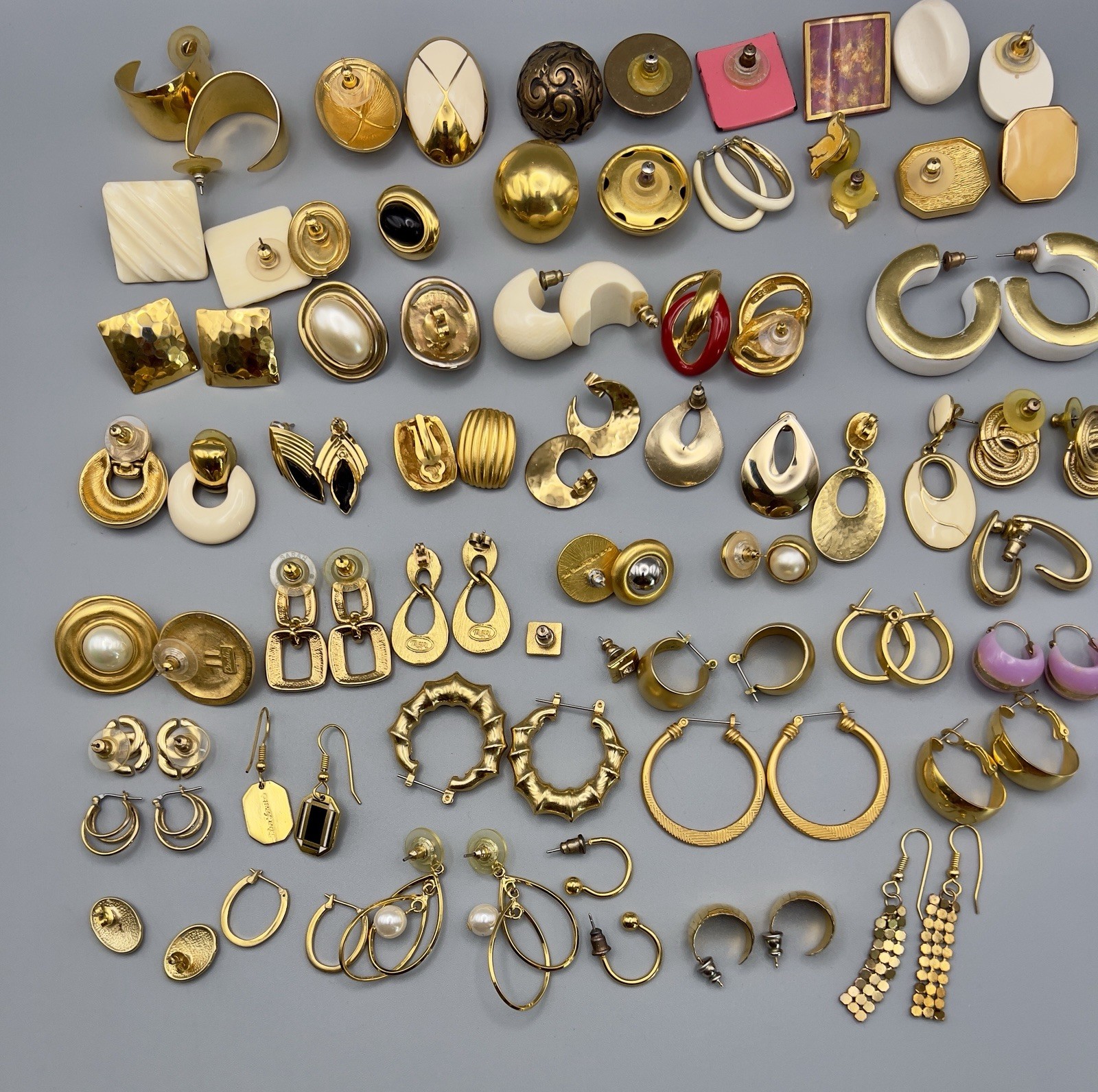 Vintage 1980s Pierced Earring Lot Gold Tone 45 Pairs Monet Trifari