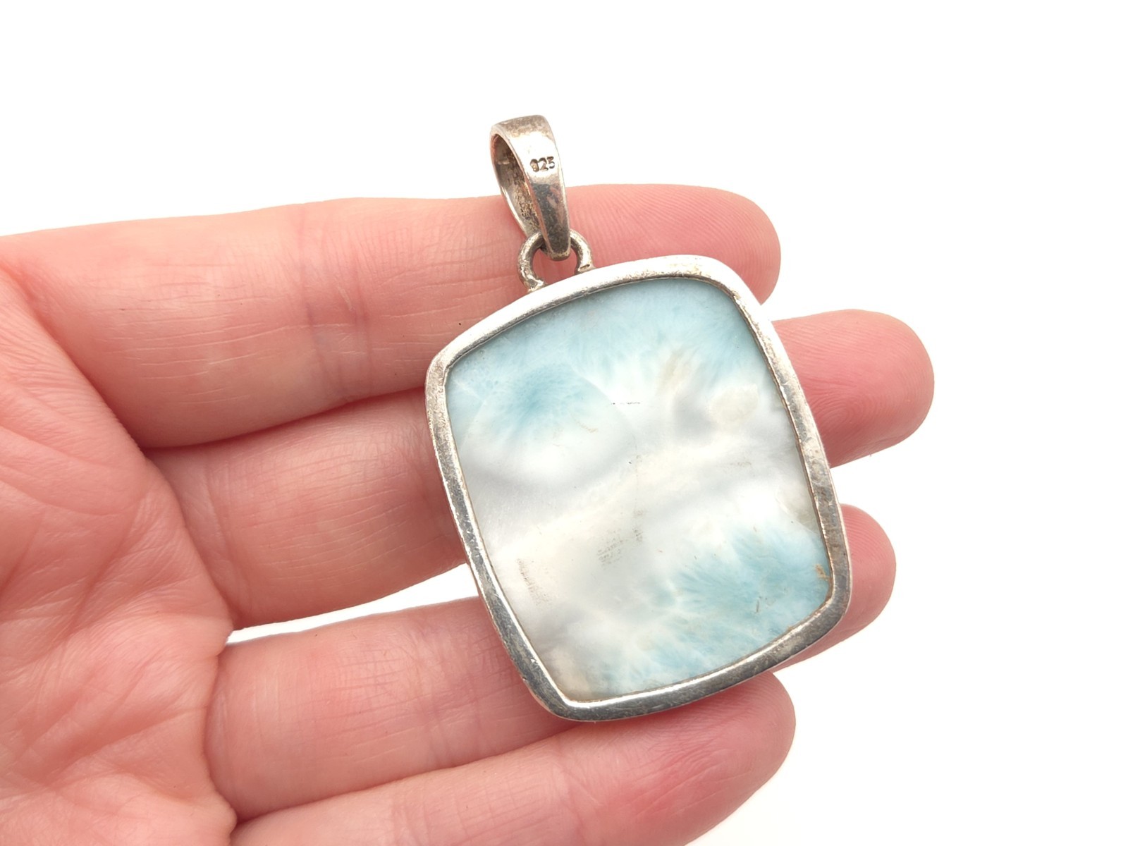 Vintage Sterling Silver Light Blue Larimar Stone Rectangle Square Large Pendant