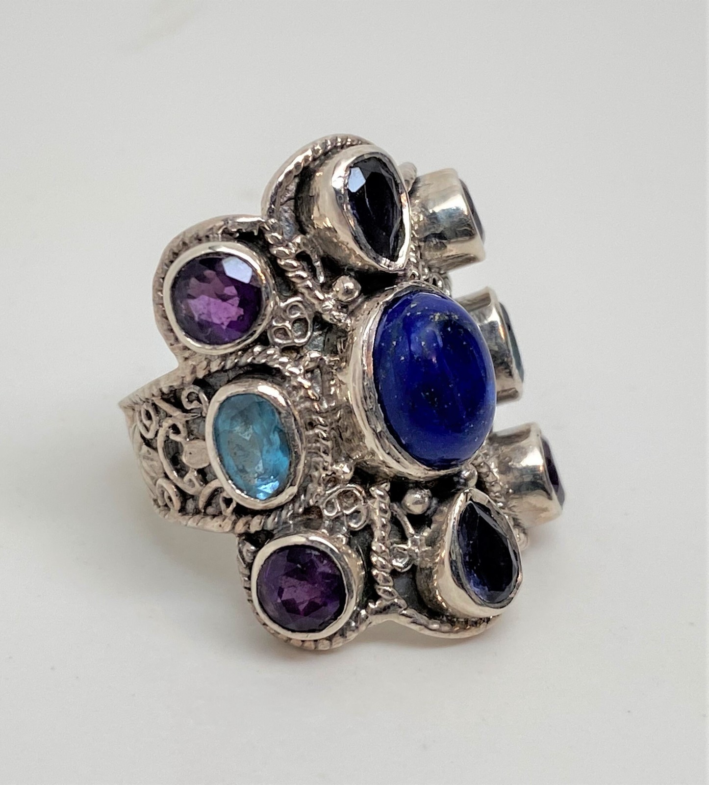 Sterling Silver .925 Lapis , Amethyst & Sapphire Cabochons Ring 8