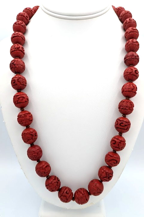 Vintage Chinese Cinnabar Bead Necklace Hand Knotted Carved Red Beads 24 In