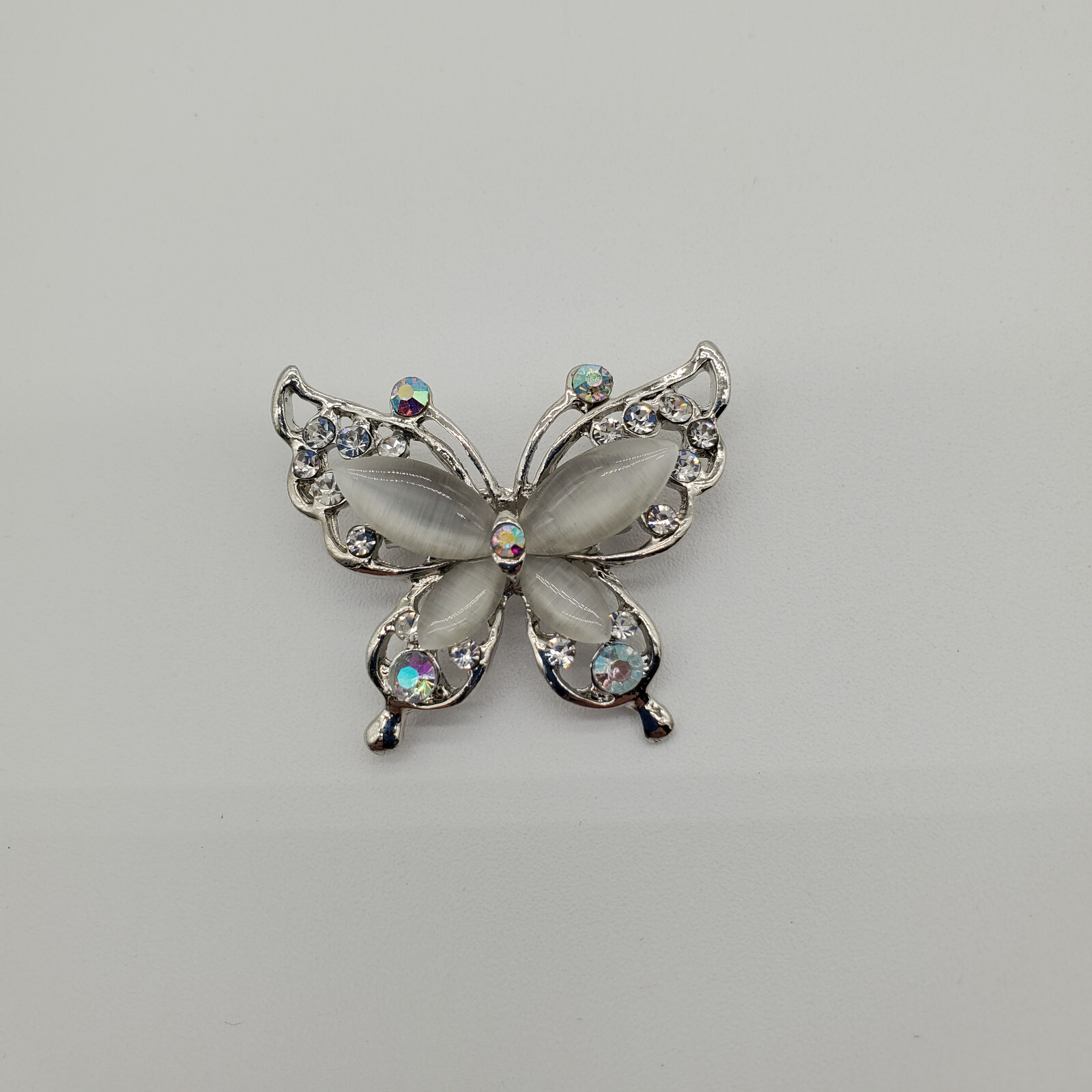 Vintage Small Silver Tone Butterfly Brooch with Clear and AB Rhinestones