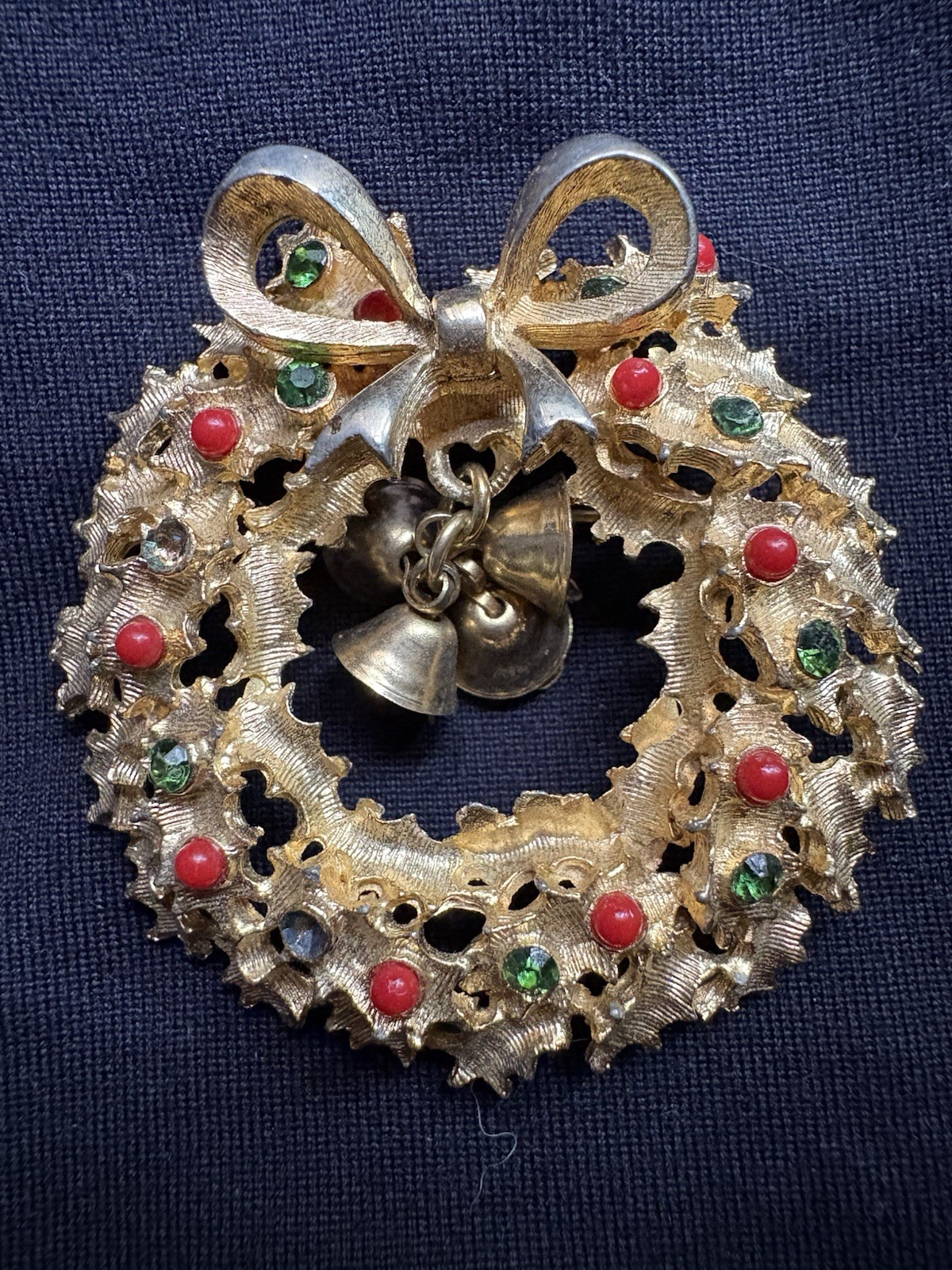 Gold Tone Christmas Wreath Pin With Multicolor Rhinestones And Dangling Bells