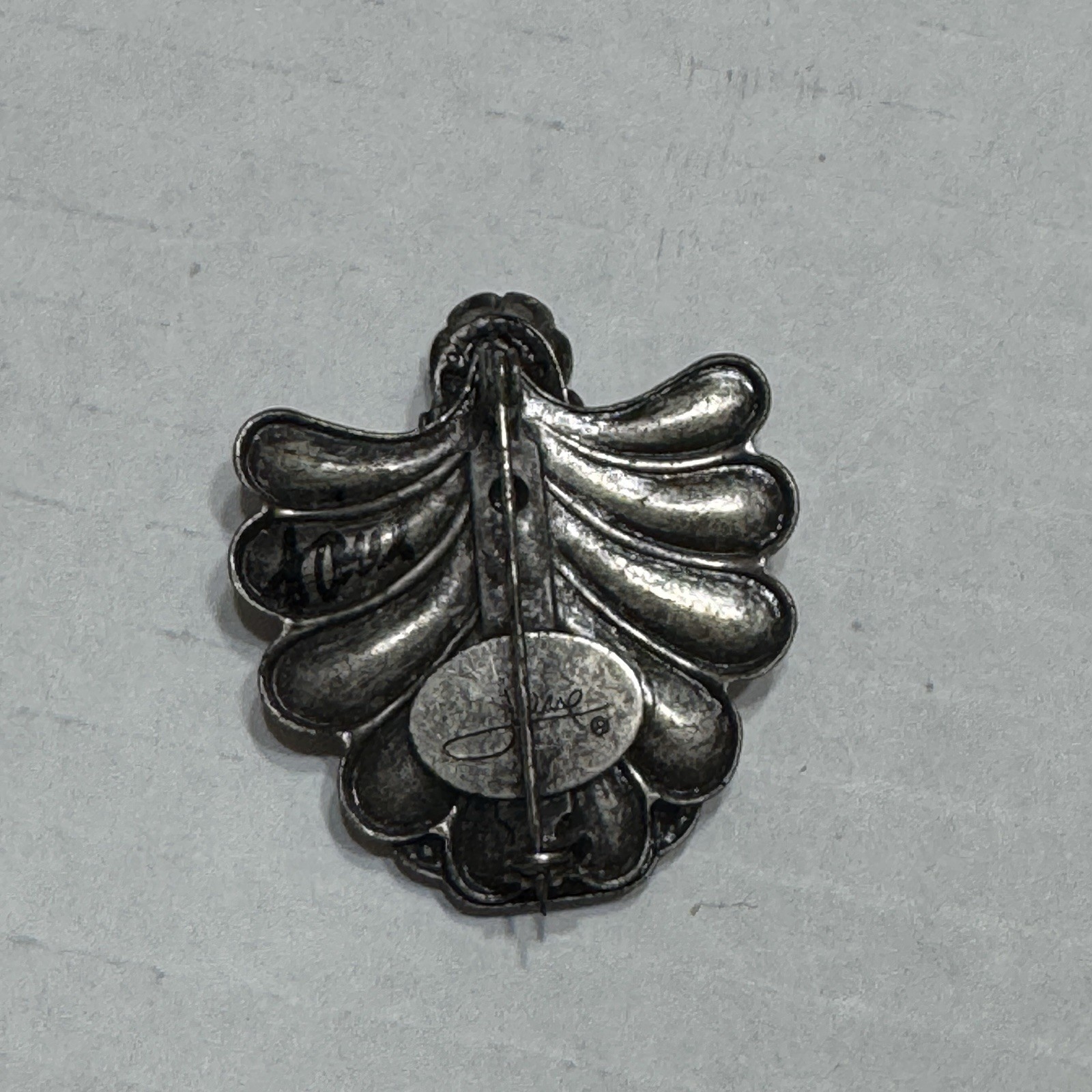 Signed JANE AOL Silver Tone Ornate Angel BROOCH PIN Faux Pearl Stone Vtg