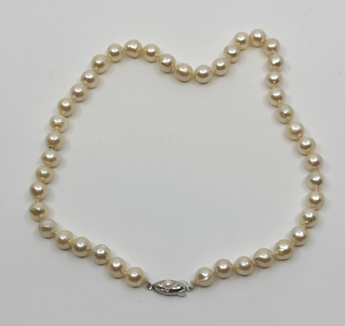 8mm Large Baroque Sterling Saltwater Akoya Cultured Pearl Necklace Vtg 16.5″