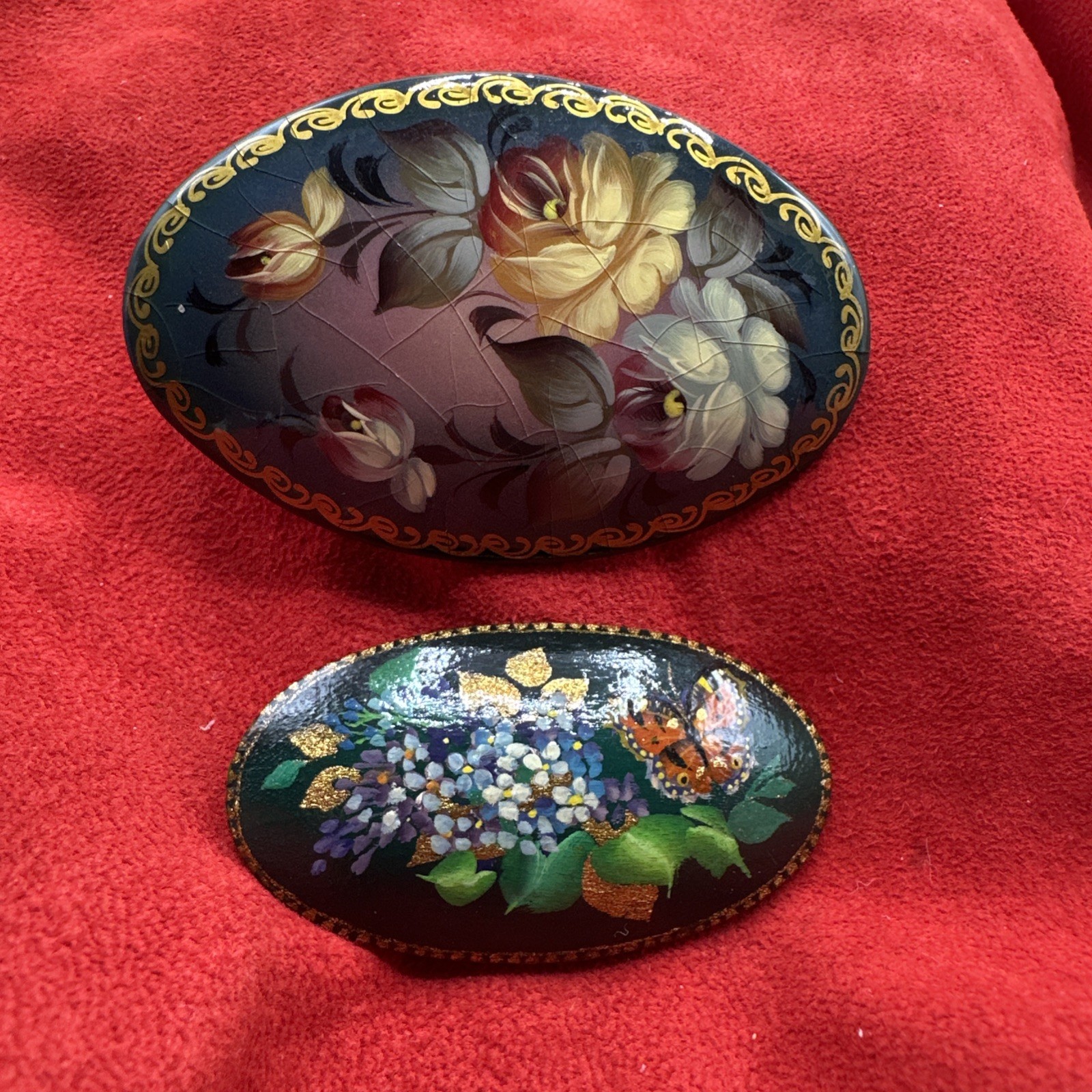 Set of Two Vintage Handpainted Russian Brooches. Signed. See pics.