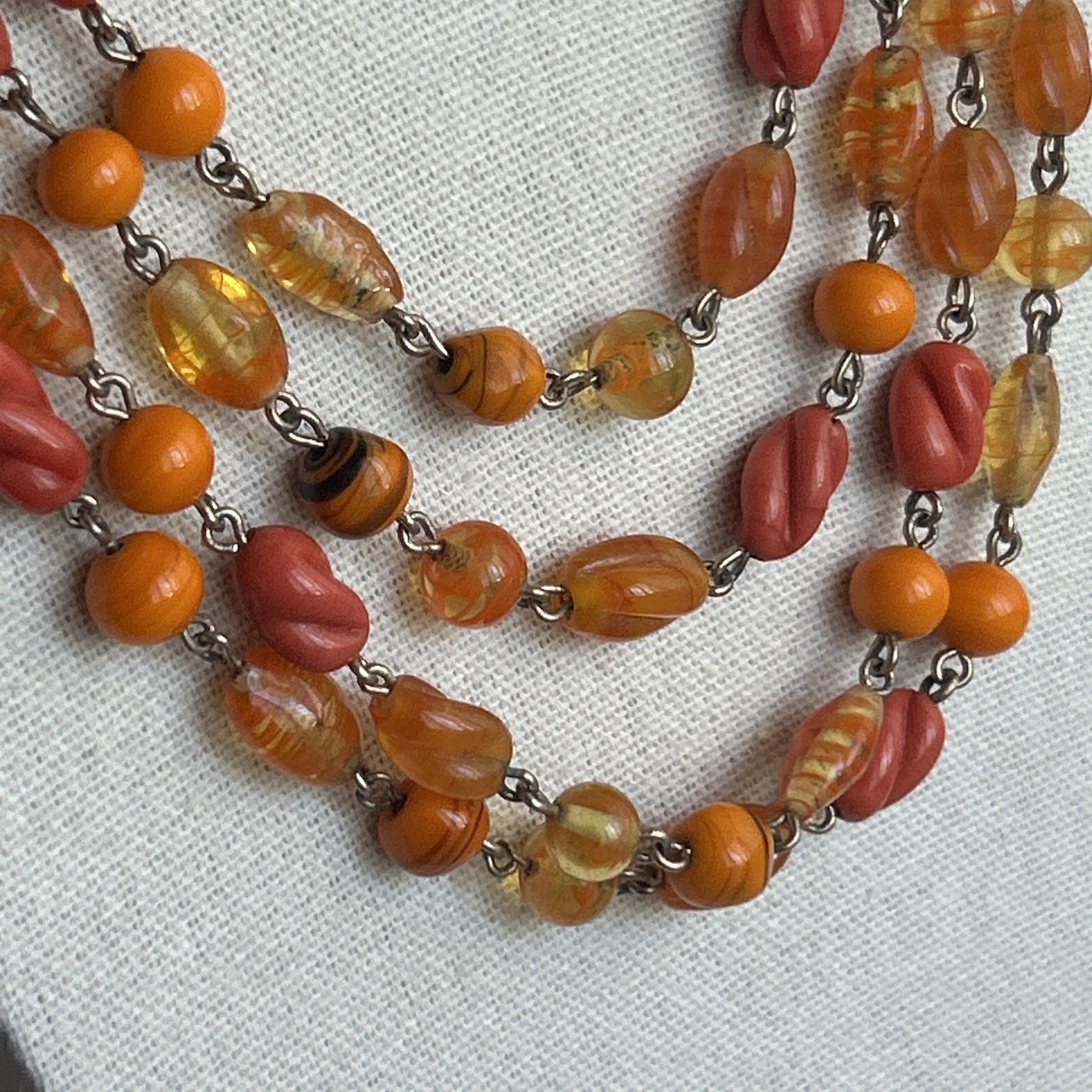 Multi Strand Glass Bead Necklace Orange Yellow Coral Vintage Statement Jewelry