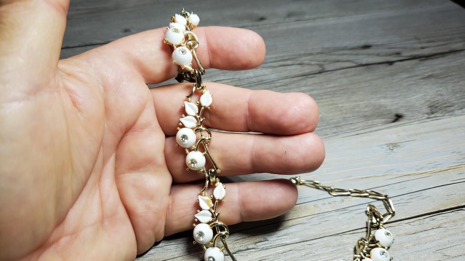 Kramer 1950’s White Milk Glass Cabochon & Rhinestone Choker Necklace