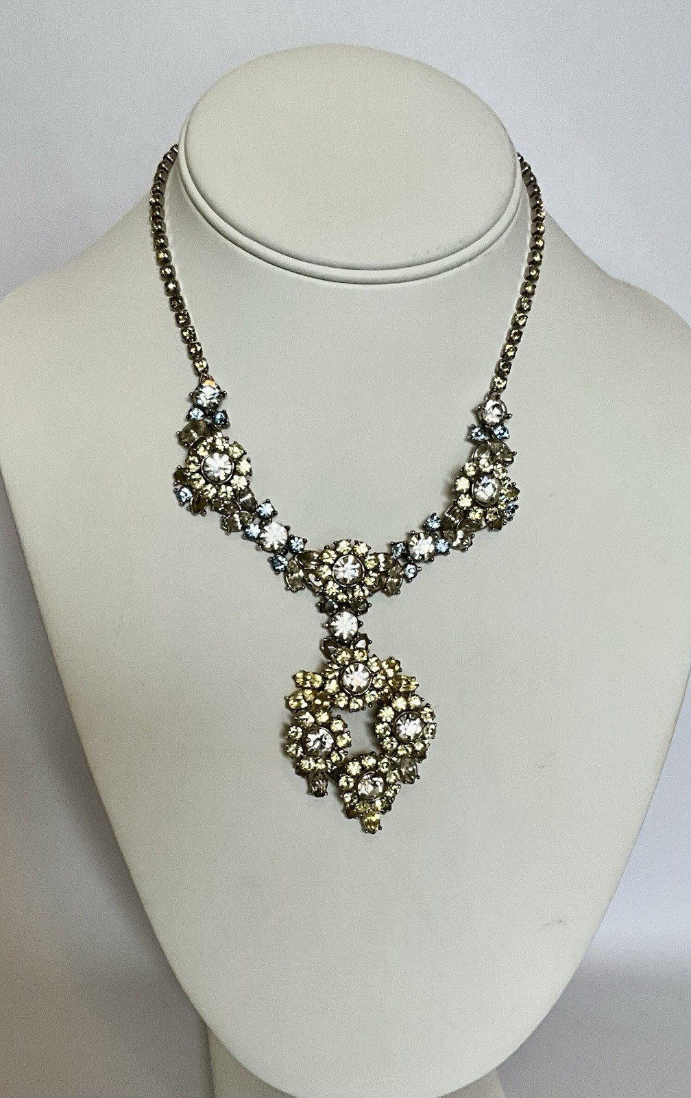 Vintage Signed Trifari Necklace Yellow Blue Clear Gray Rhinestones Flower Drop