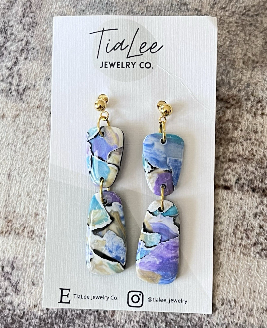 Rectangle Dangle Pierced Earrings Blue, Purple, White Swirl Glam MCM Gold Tone