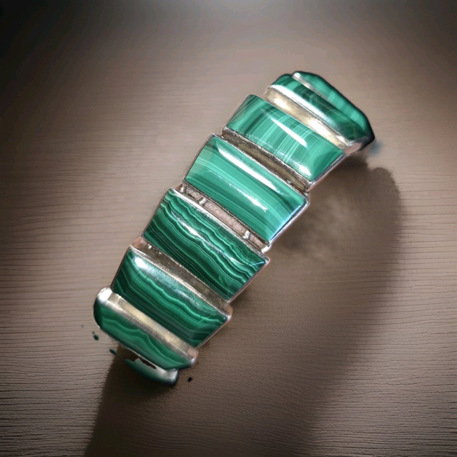 Vintage Mexico 950 Sterling Silver Malachite Inlay Link Panel Bracelet – 6.5”
