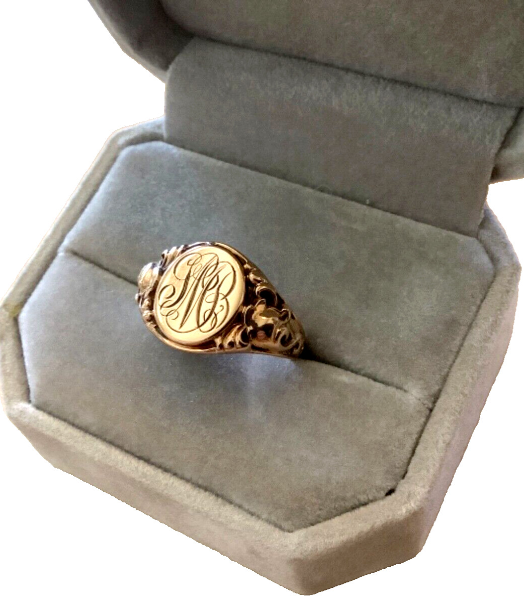 ANTIQUE ART NOUVEAU 14K Yellow Gold Oval Signet Ring Monogram GVB Size 7