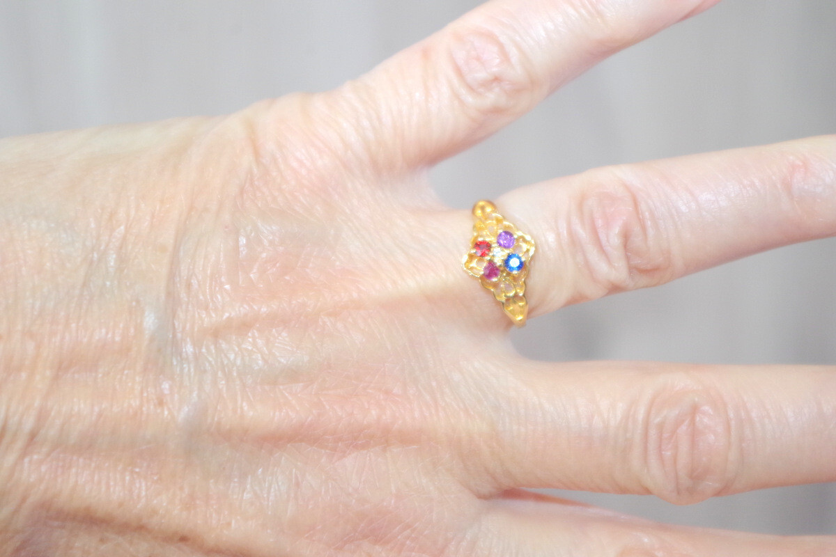 Vintage sapphire, Ruby, Amethyst, Smokey Topaz 14k GF Cocktail Four Stone Band R