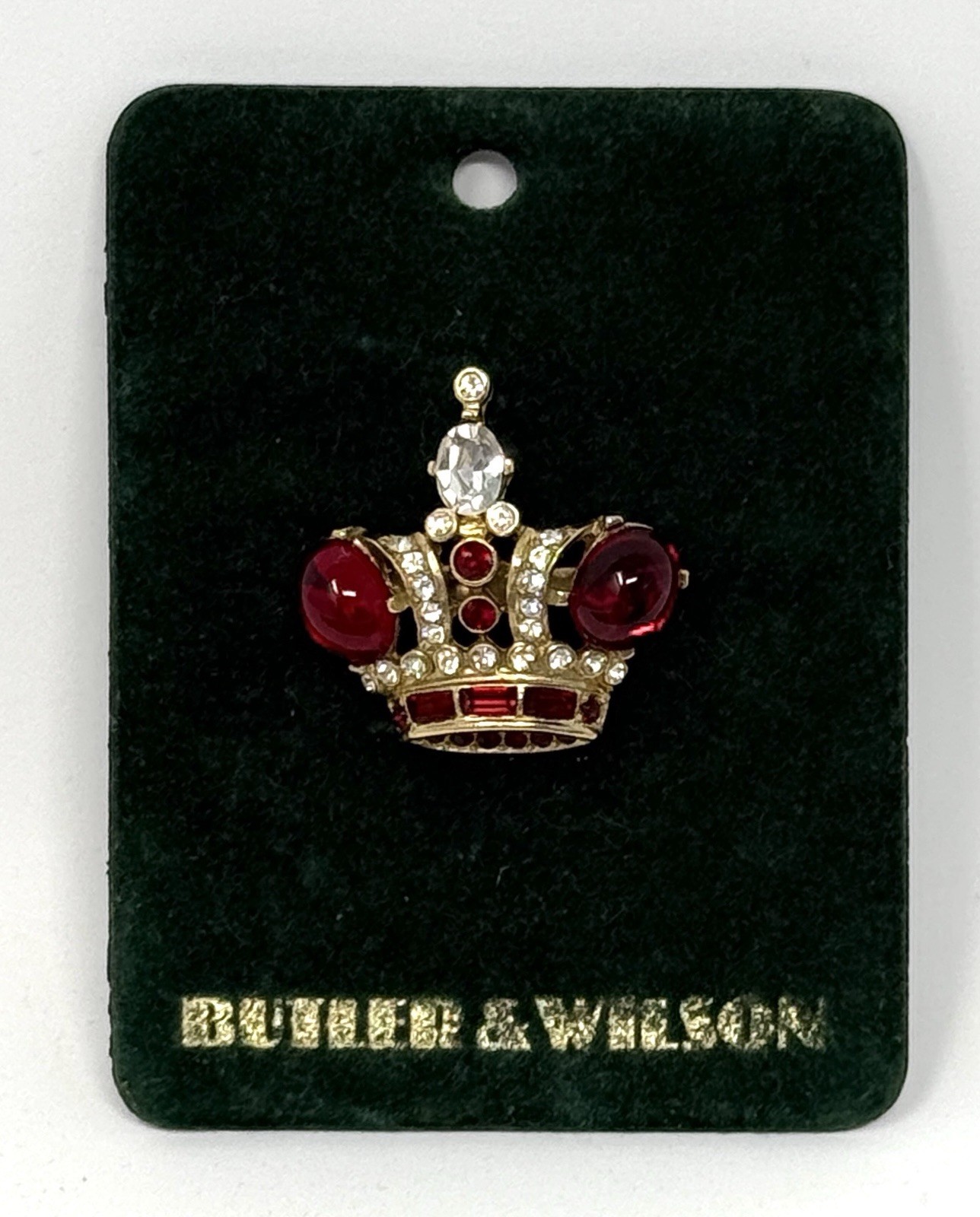 Vintage Butler & Wilson Regal Crown Crystal Brooch, Ruby Red Cabochons, England