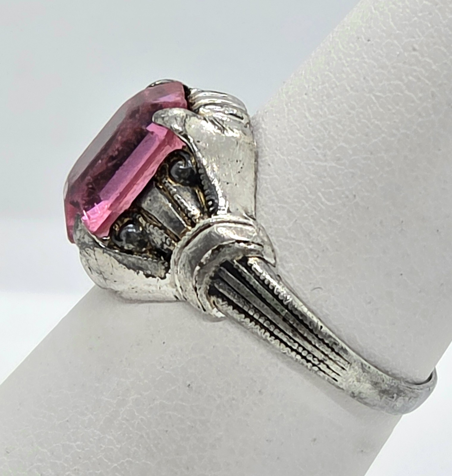 Vintage Ostby & Barton OB Art Deco Ring 925 Sterling Silver Pink Glass Size 6.75